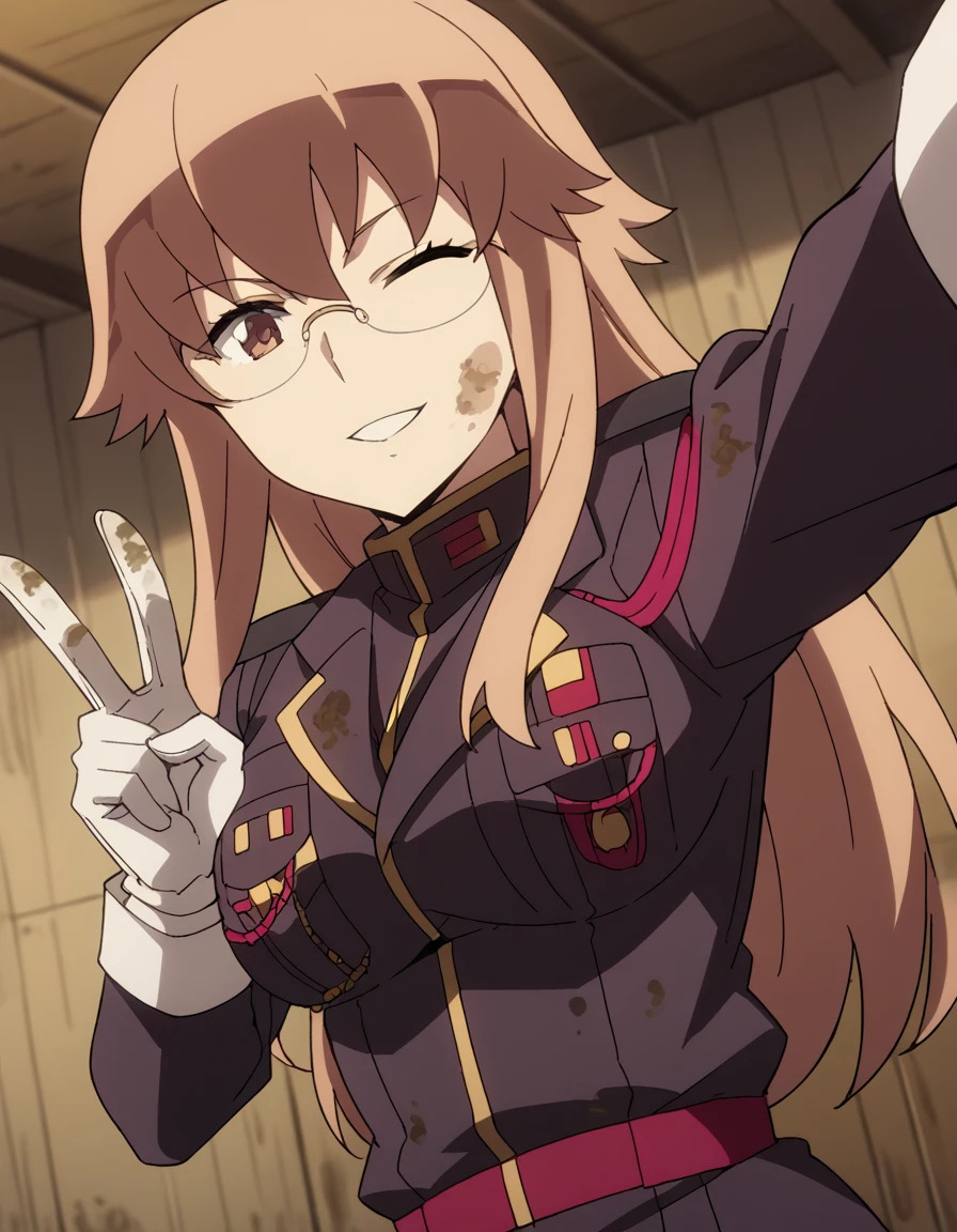 score_9, score_8_up, score_7_up, source_anime, <lora:charlotte-zoom-s1-ponyxl-lora-nochekaiser:1>, charlotte zoom, long hair, brown hair, brown eyes, glasses, sidelocks, large breasts, anime screencap,, gloves, uniform, military, military uniform, trench, dirt, warfare, shelter, depth, smile, <lora:selfie-outstretched-arm-ponyxl-lora-nochekaiser:1> selfie, arm up, foreshortening, looking at viewer, outstretched arm, reaching, reaching towards viewer, v, parted lips, one eye closed, cowboy shot, looking at viewer, solo,, dutch angle, cowboy shot