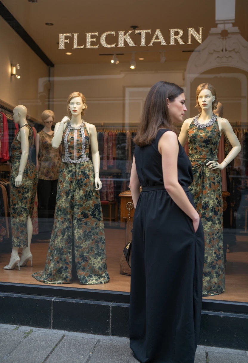 Photo of a woman in Berlin clothes shopping at a high end luxury boutique. She is looking through the window at clothing displays of mannequins wearing elegant designer camouflage evening gowns, with diamond studded straps. Above the mannequins is the sign showing the store name "FLECKTARN"   <lora:flecktarn_flux_lora:1>