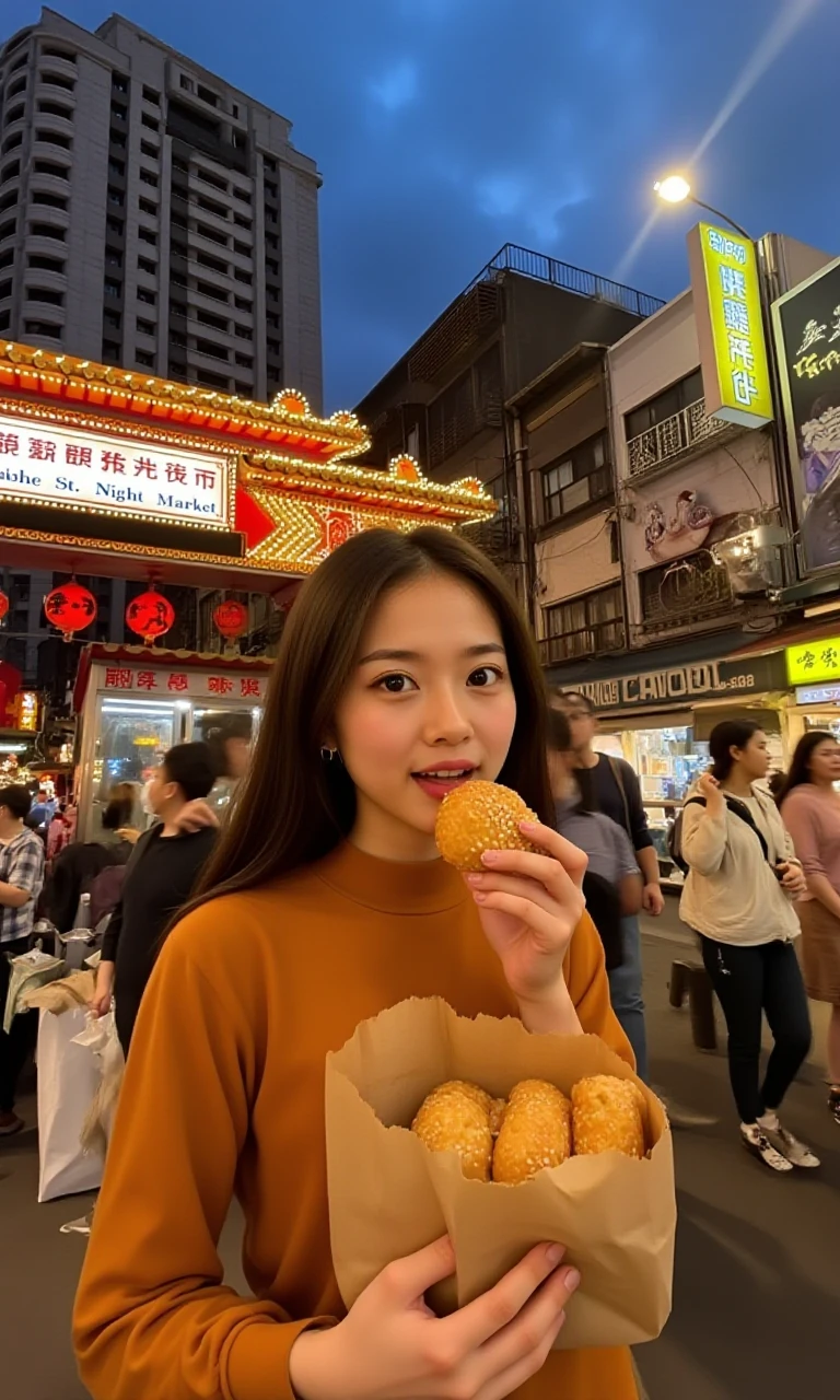 indigo sky, wide shot, from side, side view, open mouth, she eating a baked grill pepper bun with sparse white sesame in paper bag, solo, light smile, 1girl, idol, young woman, asian female, black eyes, black hair, long hair, petite, slim, thin, high neck, long sleeves dress, raohe street night market, chinese archway, messy cityscape, taipei alley, taiwan building, tallest building, asian architecture, before night, <lora:ImitationRaoheStreetNightMarket_flux:1>