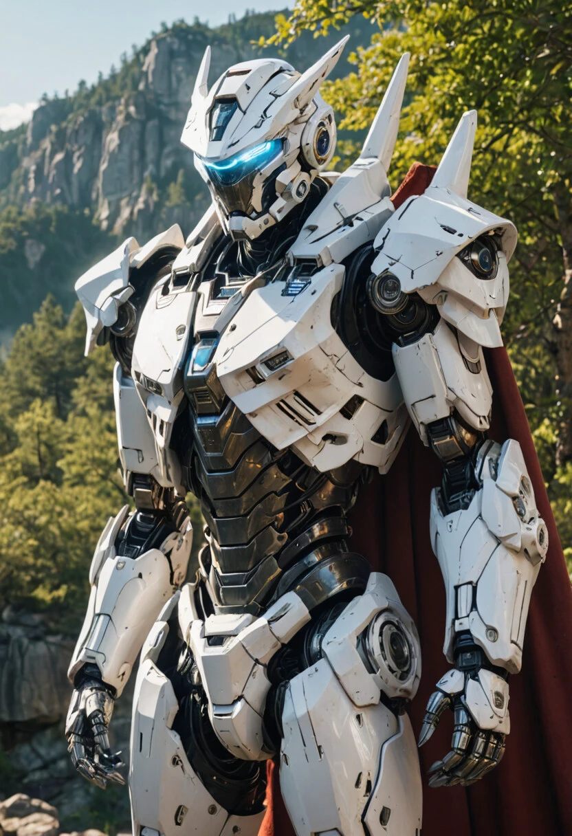 masterpiece, best quality, cinematic film still, realistic, portrait, solo, white mecha robot, cape, science fiction, torn clothes, glowing, standing, robot joints, mecha, armor, cowboy shot, (floating cape), intense sunlight, silver dragonborn, outdoors, landscape, nature highres, 4k, 8k, intricate detail, cinematic lighting, amazing quality, wallpaper <lora:aesthetic_anime_v1s:1.1>