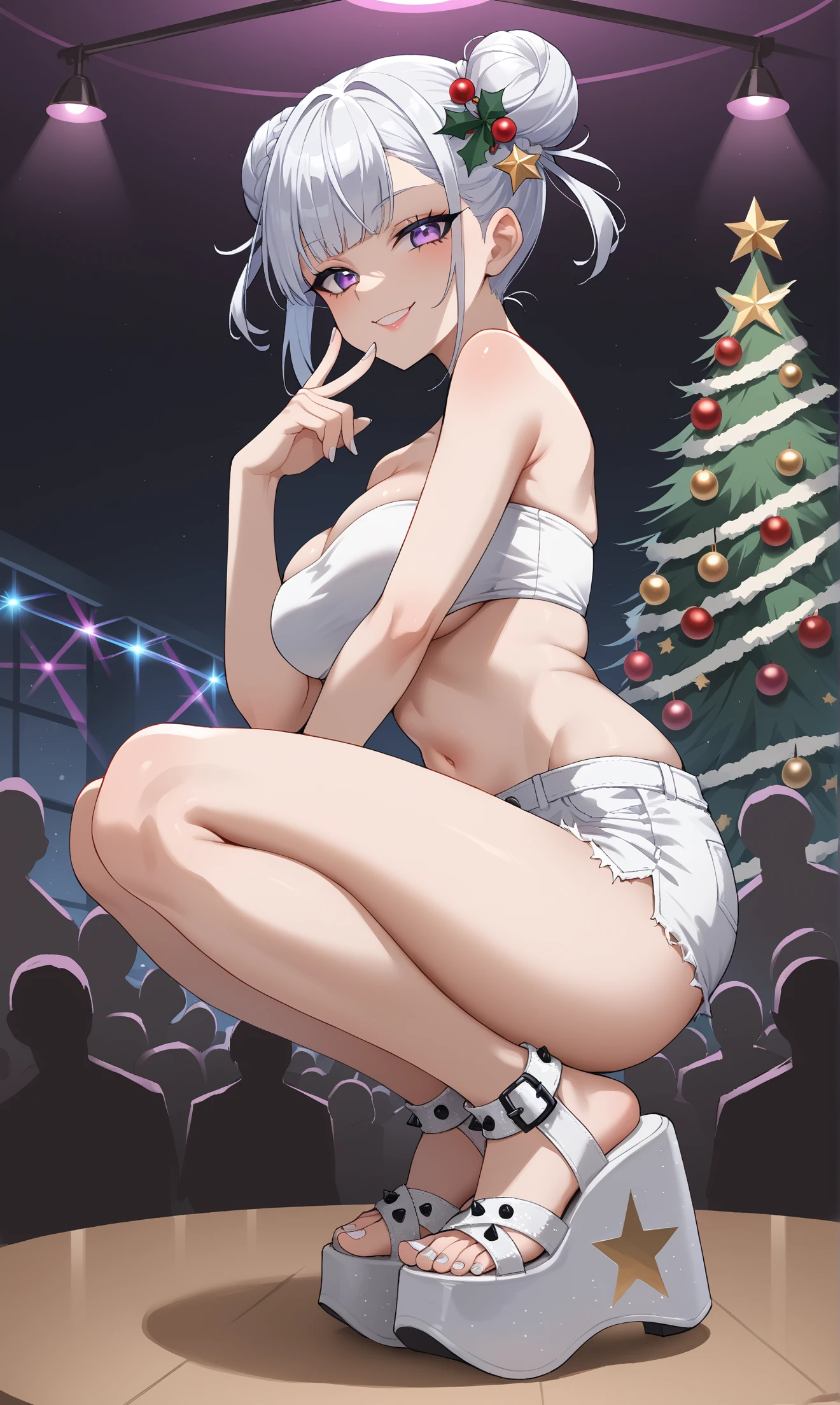 score_9, score_8_up, score_7_up, score_6_up, source_anime,
from side,
1girl, 
feet, toes, perfect feet, detailed feet, white toenail polish,
(dyn4mite sandals), (platform footwear:1.2), white footwear, sparkly footwear,
smug, seductive, looking at viewer, flirting, finger on lips,
squatting, 
white bandeau top,
silver microshorts, (lowleg:1.2), groin, mound of venus,
large breasts,
skinny, petite, 
white hair, double bun, christmas themed hair ornaments,
white makeup, white eyeshadow,
pale skin,
rave, crowded room, faceless crowd, indoors, dark theme, purple theme, blacklights, laser lights, 
christmas theme, christmas tree,