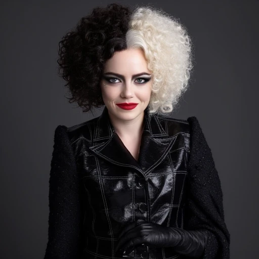 adding to her striking appearance. She is dressed in a black leather jacket with a shiny, with the left side being dark brown and the right side being a contrasting blonde., which contrasts sharply with her attire. The woman's hair is styled in a striking, resembling a patchwork of two different wigs., Cruella de Vil. This photograph captures a striking scene from the 2019 film "Once Upon a Time in Hollywood, and bright red lipstick that matches her nails., creating a striking contrast. Her skin is pale, curly hairstyle that is divided into two distinct sections: the left side is styled with dark