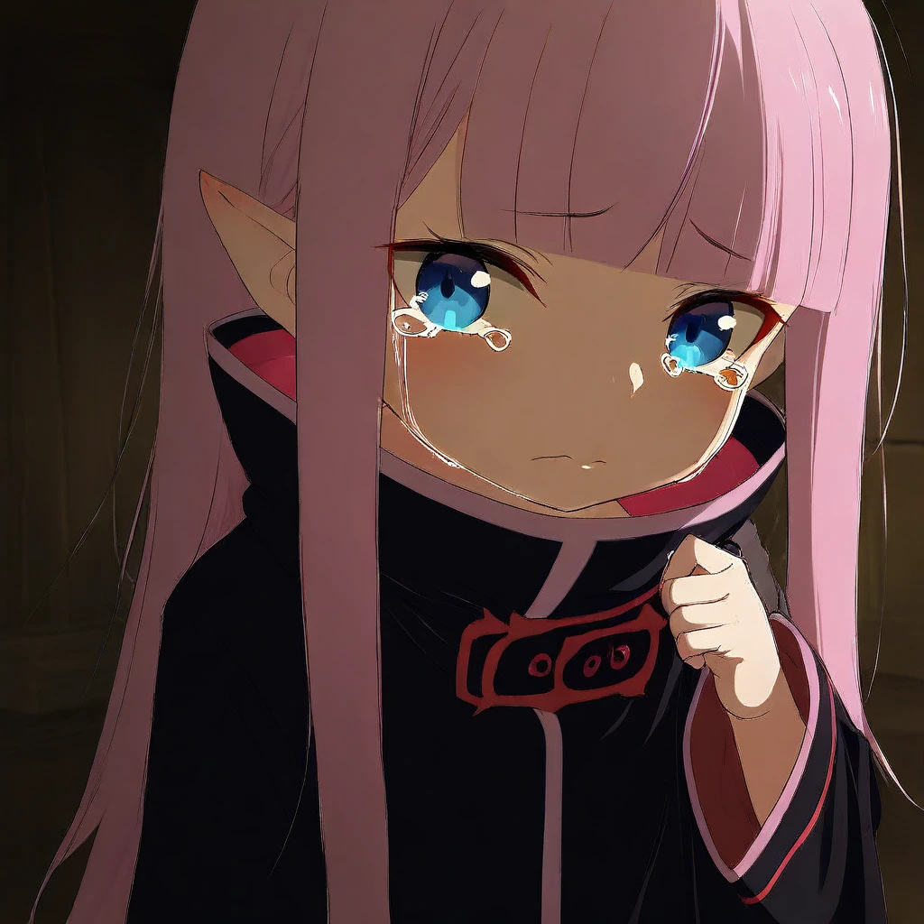 masterpiece, 1440p, 8k, UHD, amazing quality, high resolution, Ryuzu, 1girl, Ryuzu's Outfit, black clothes, solo, long hair, blue eyes, pointy ears, pink hair, looking at viewer, bangs, upper body, tears, long sleeves, closed mouth, blunt bangs, hand up