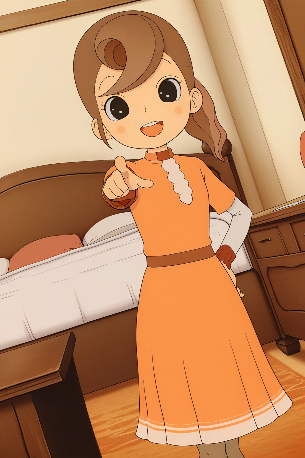 masterpiece, best quality, amazing quality, absurdres, solo, florareinhold, smile, open mouth, pointing at viewer, hand on own hip, dutch angle, looking at viewer, brown hair, black eyes, orange dress, indoors, desk, bed, room