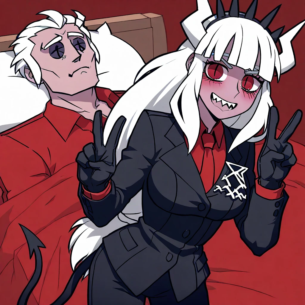 masterpiece, best quality, newest, absurdres, highres, GuyTiredAfterShrex-IL 1girl, lucifer \(helltaker\), black suit, red necktie, black collared shirt, black gloves, blunt bangs, demon horns, demon girl, demon tail, sharp teeth, red eyes, white hair, long hair standing, peace sign, BREAK 1boy, helltaker \(helltaker\), tired, lying, lying on bed, closed eyes,