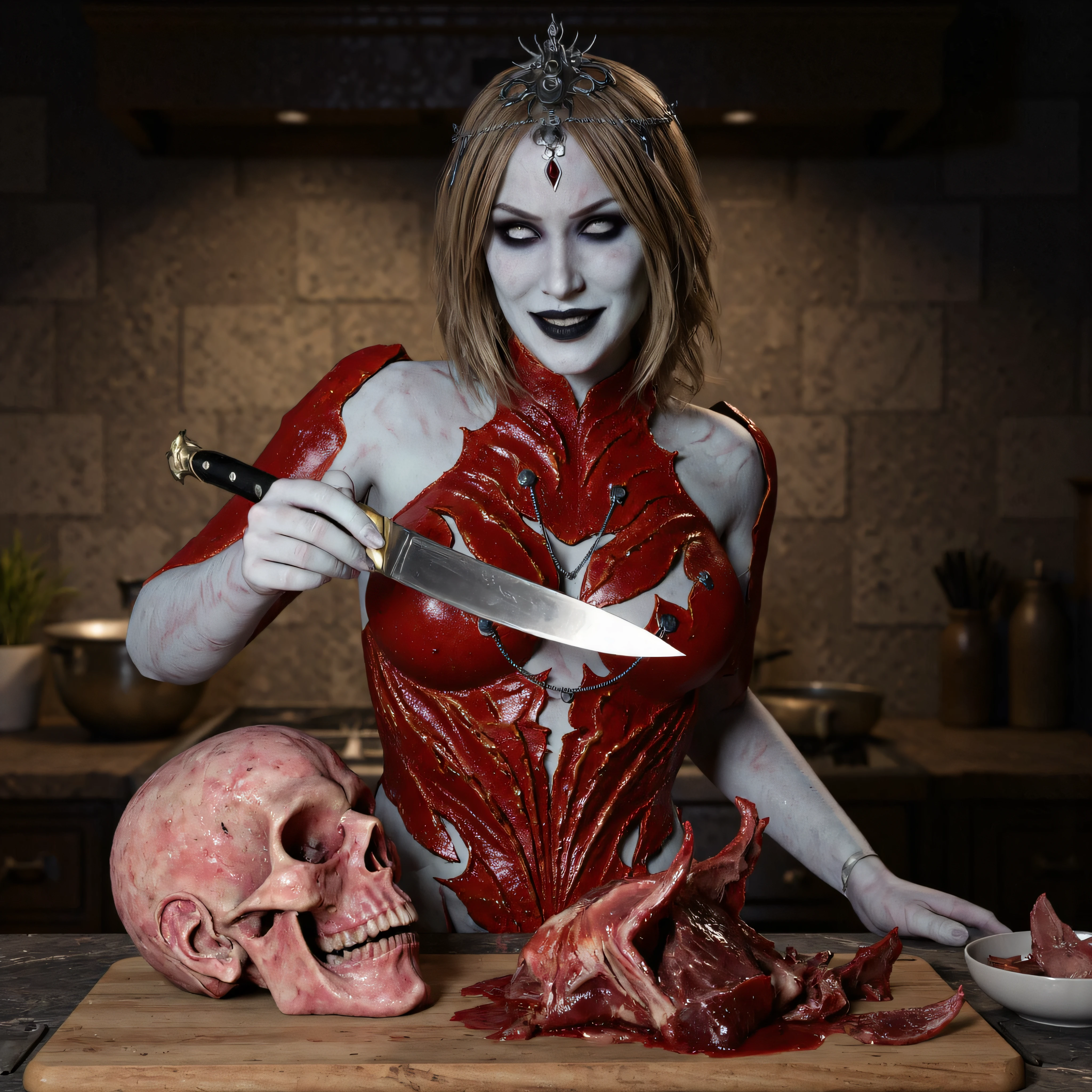 photo, best quality, featuring a Orin Woman in a kitchen she is preparing meat AND A HUMAN HEAD she is holdiNG A LARGE KNIFE, evil grin, She has pale white skin with swirls with lots of white, red body suit