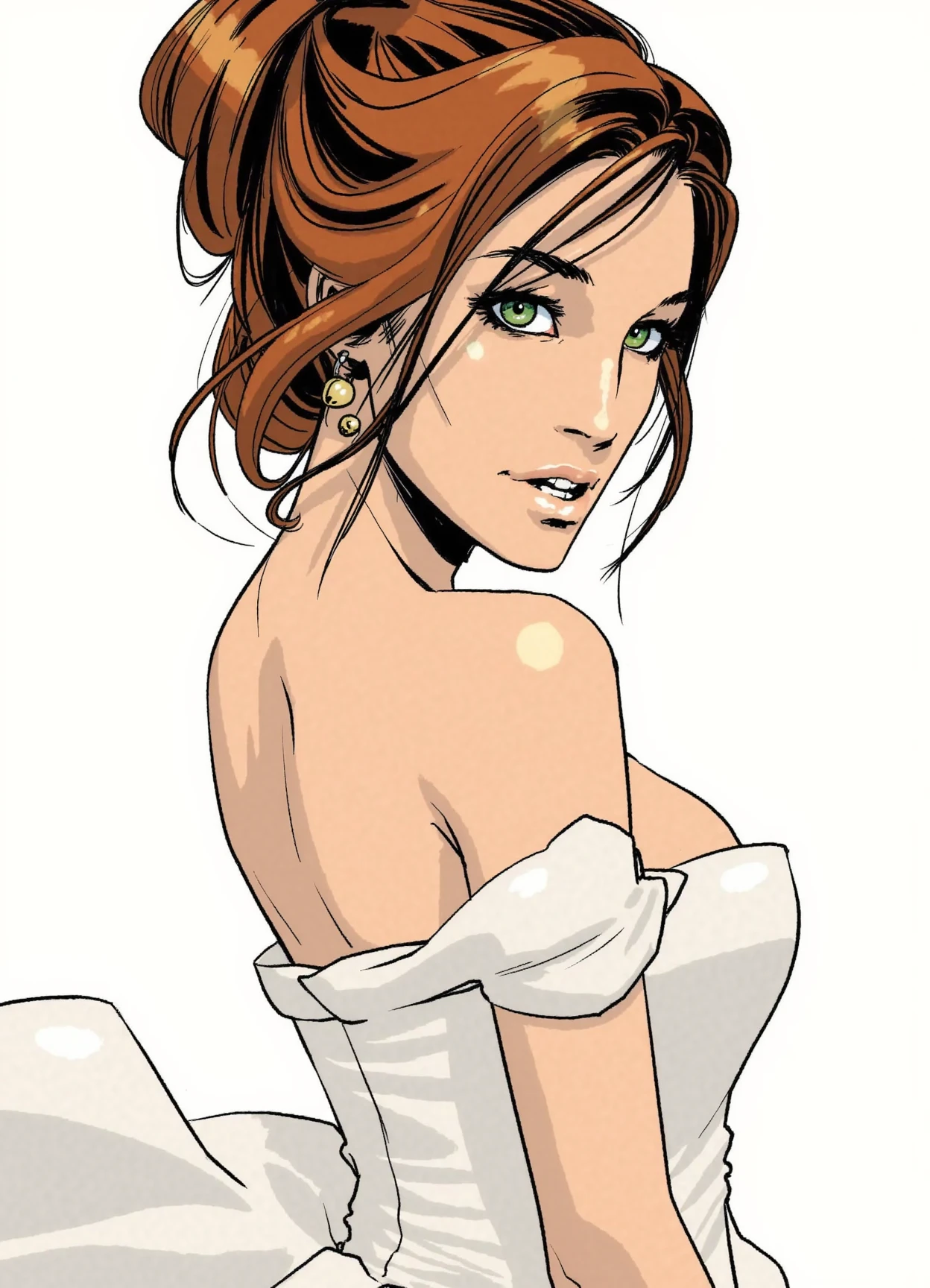 comic book illustration by fiona staples, a princess wearing a sheer white royal gown, she has auburn hair pulled back into a single bun with several loos strands of hair framing her face, she has the most beautiful vibrant green eyes the color of emerals