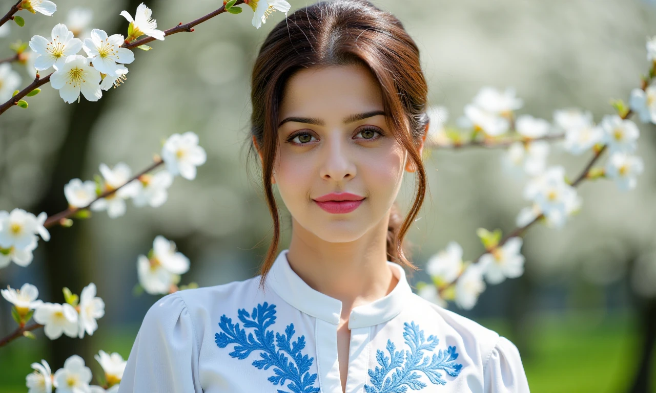 Close-up portrait of vedhikakuukohwx.  She is wearing a white embroidered blouse with intricate, stylized blue floral designs, evocative of traditional Eastern European attire. The fabric appears soft and natural.  The woman's expression is serene, neutral, and thoughtful, with a direct gaze at the camera.  Natural daylight bathes her face, creating soft shadows that accentuate her facial features.  Soft focus and slight bokeh affect the background of blossoming white flowers in soft, out-of-focus,  creating a dreamy atmosphere. Soft light, with even distribution, illuminates the scene.  The composition is centered, with the focus on the woman's face, and the soft background draws attention to the subject.  The overall style leans towards a romantic realism aesthetic.

