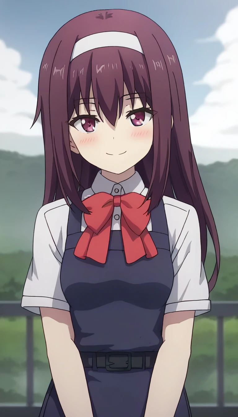 score_9,score_8_up,masterpiece,best quality,correct anatomy,anime_source,1girl,solo,perfect eyes,perfect arms,perfect legs,perfect face,outdoors,upper body,(portrait:1.5),looking at viewer,facing viewer,smile,blush,Konishi,long hair,purple hair,white hairband,sidelocks,hair between eyes,bangs,purple eyes,school uniform,red bowtie,pinafore dress,purple dress,collared shirt,white shirt,short sleeves,medium breasts,black socks,uwabaki,white footwear,<lora:Konishi(cl)-Pony:1.4>,