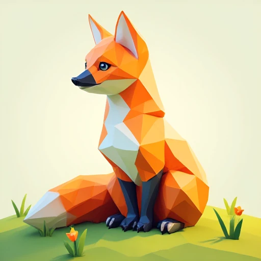 A playful low-poly fox sitting in a grassy field, its body composed of sharp triangles and polygons. Bright orange fur with white and black accents, minimalistic yet expressive eyes, and a geometric bushy tail. The field has a few low-poly flowers and small rocks scattered around