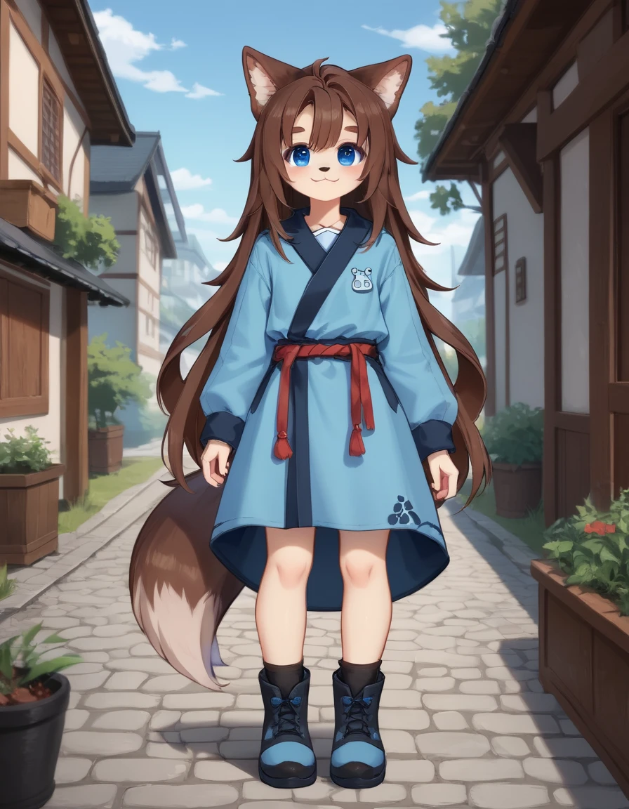 outdoors,
full body,smile,
<lora:Fika_v01_PDXL:1>,Fika,1girl,solo,dog girl,brown hair,very long hair,blue eyes,dog ears,animal ear fluff,dog tail,