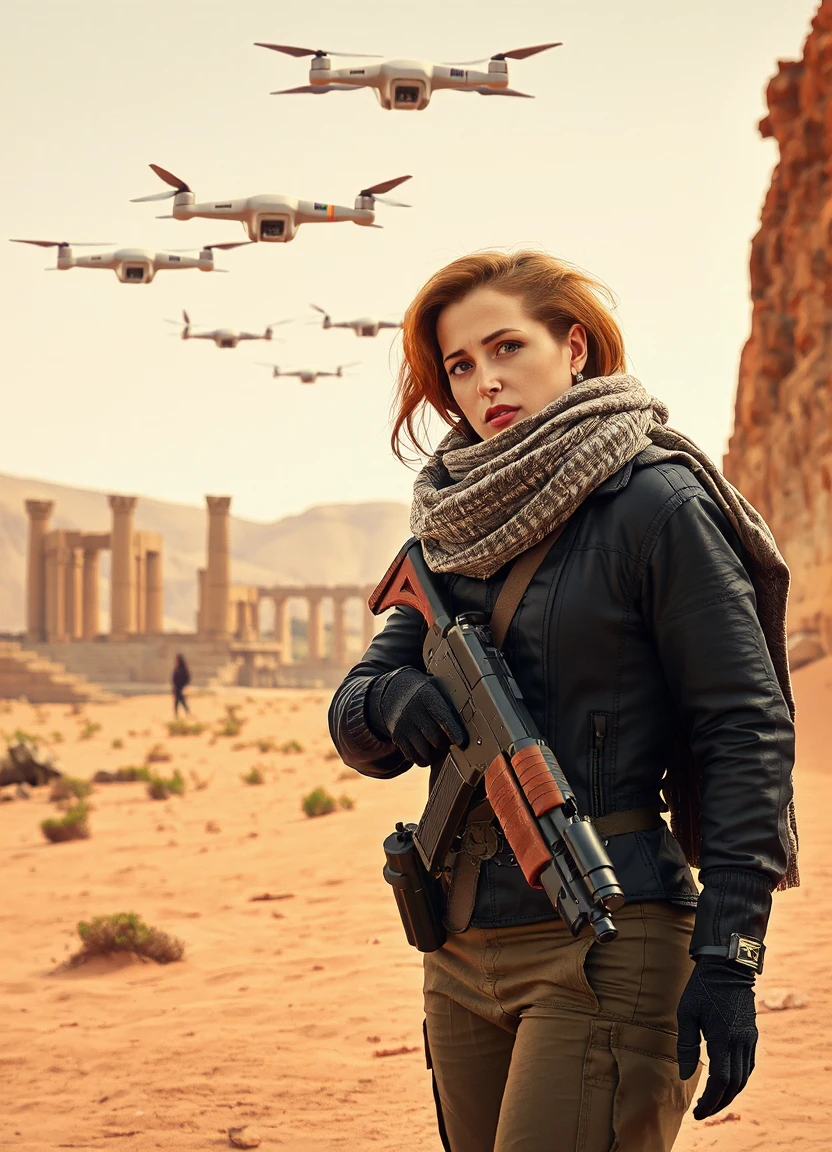 A skilled agentscully in a desert setting, wearing a tactical scarf and holding a silenced weapon, surveying a mysterious ancient ruin while drones hover in the background.