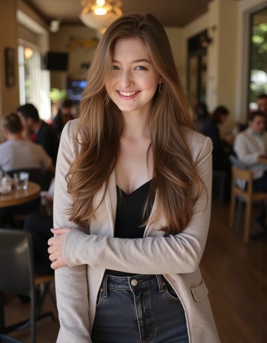 This is an image of S0PH14, a beautiful detailed photograph, hair cascading, makeup, wearing casual clothes, standing in a cafe looking at the viewer, smiling, showing her teeth.