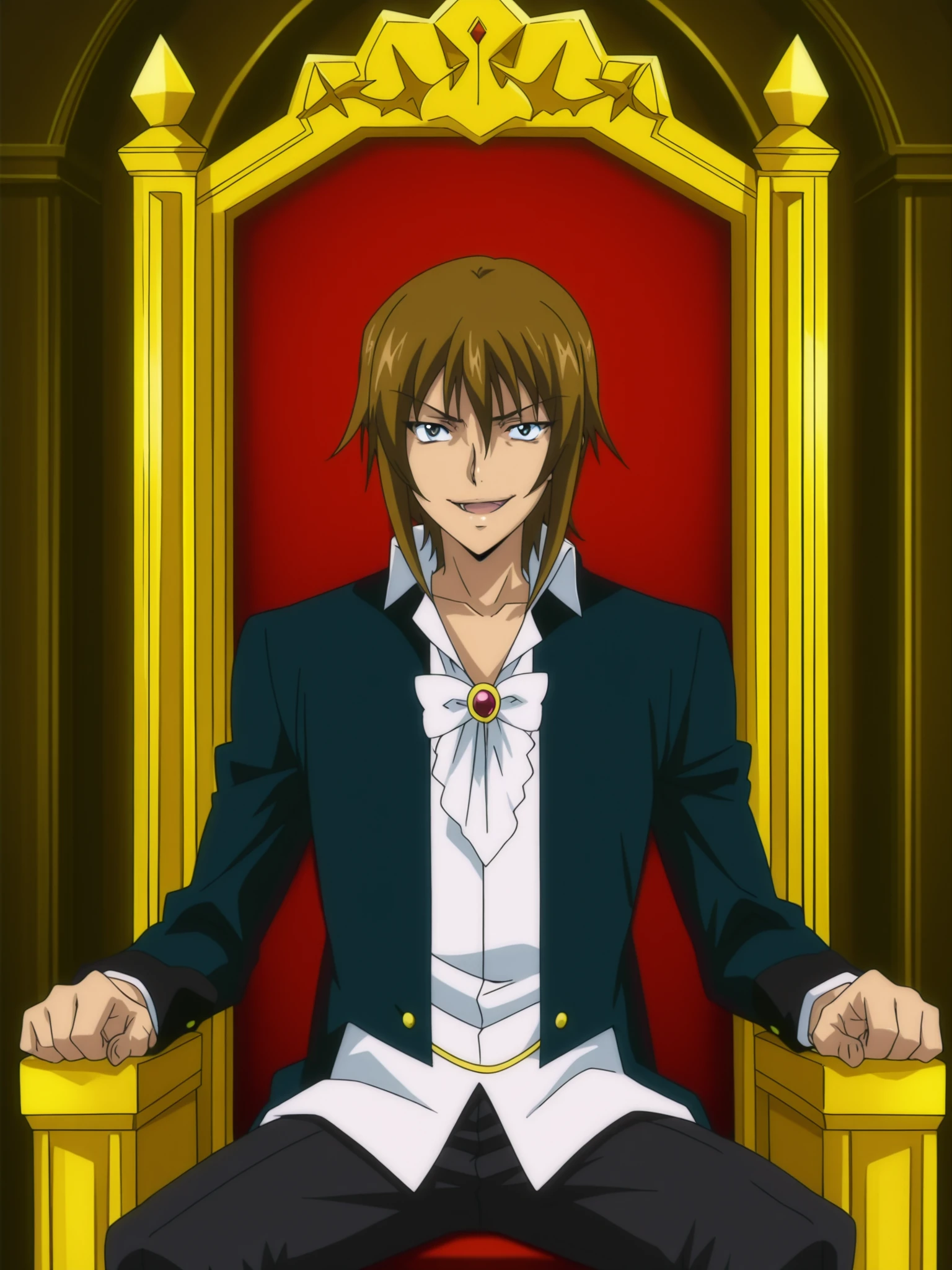 anime screencap, anime coloring, masterpiece,
inside, in a throne room,
<lora:Elf_Hime_Nina_characters_Nina_Miria_and_Kyle_-_Illustrious:.8>Kyle Van Ganossa (appearance), solo, 1boy, male focus, brown hair, smile, open mouth, evil smile, looking at the viewer, cowboy shot, sitting on a throne