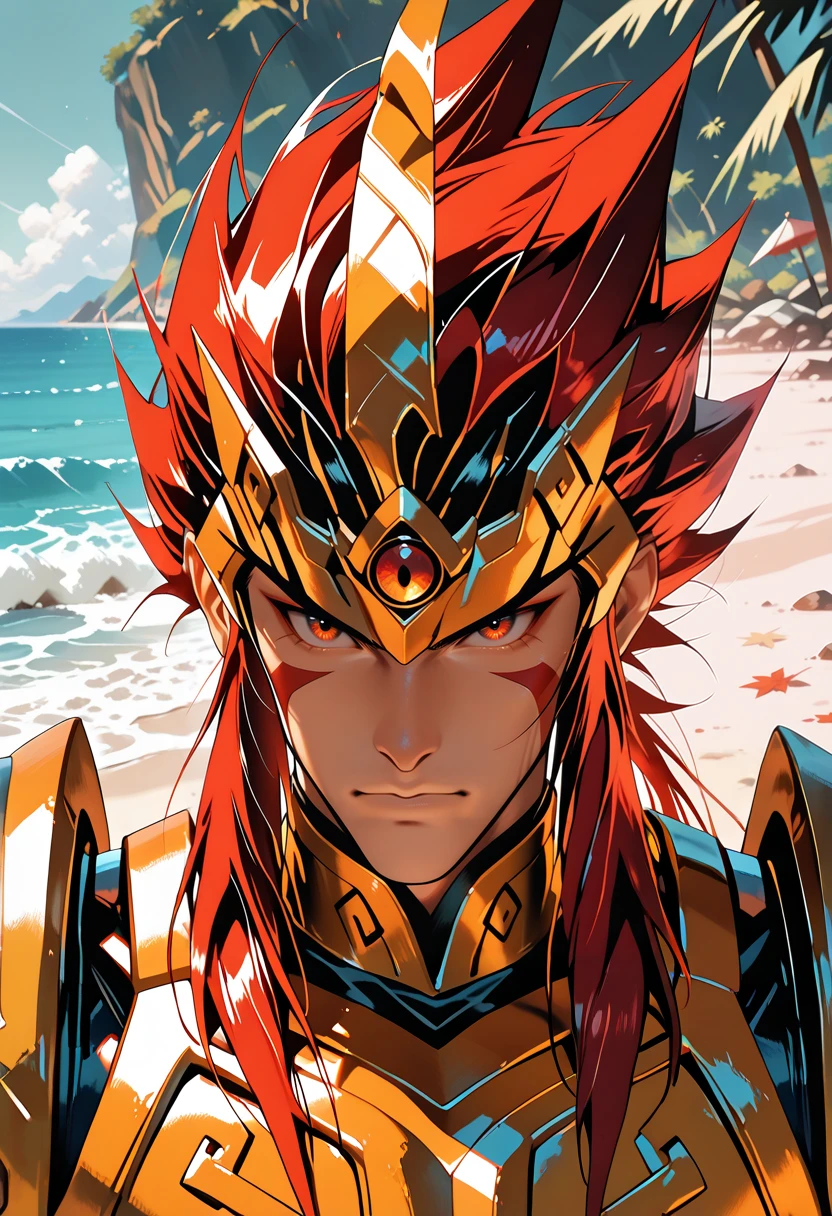 masterpiece, best quality, vibrant, very aesthetic, high contrast, 1boy, <lora:Zenki_Illu:0.8> zenki_kdz, armor, portrait, upper body, beach, masterwork, highly detailed, absurdres, masterful composition