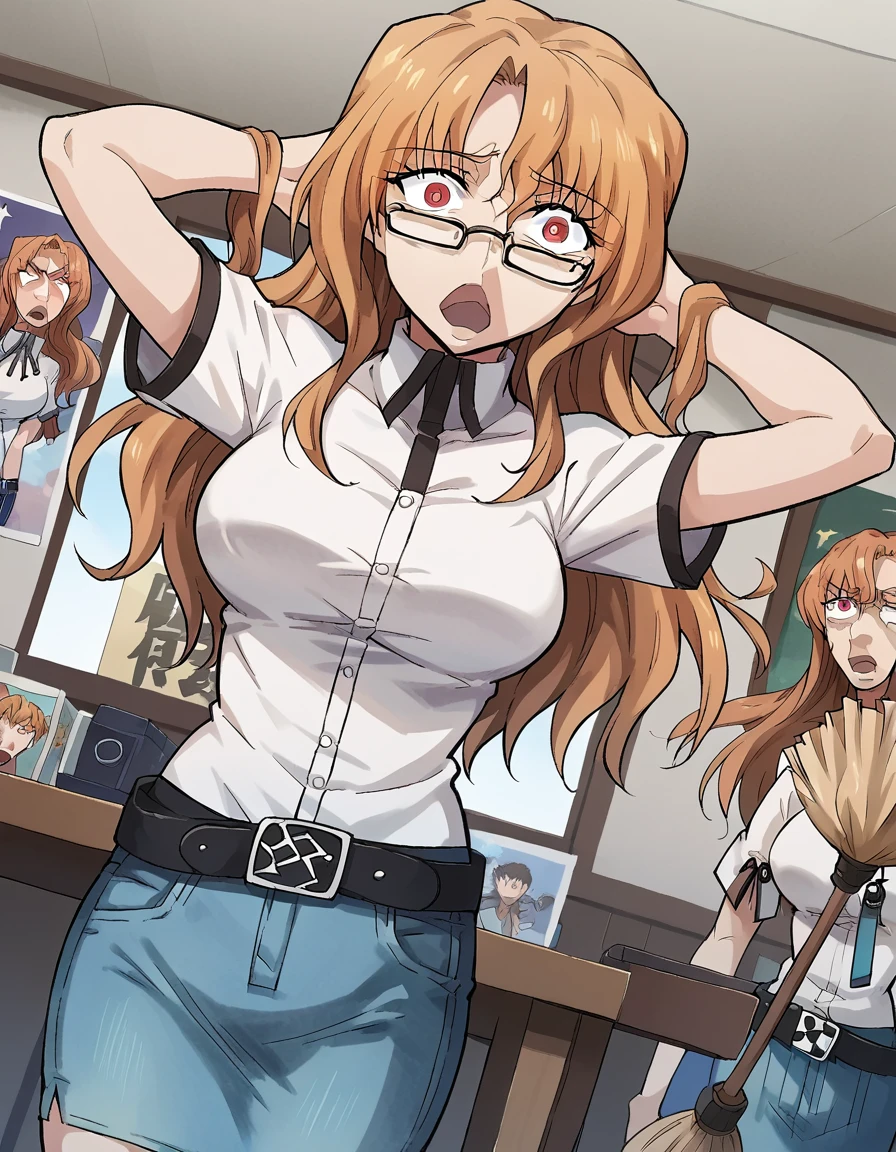 score_9, score_8_up, score_7_up, source_anime, <lora:moeka-kiryu-ingame-ponyxl-lora-nochekaiser:1>, moeka kiryu, long hair, brown hair, red eyes, glasses, large breasts,, skirt, shirt, belt, short sleeves, denim skirt,, clubroom, posters, meeting table, decorations, student council, , <lora:shocked-black-guy-ponyxl-lora-nochekaiser:1> shocked black guy, open mouth, looking at viewer, hands behind head, shaded face,, looking at viewer, solo,, dutch angle, cowboy shot