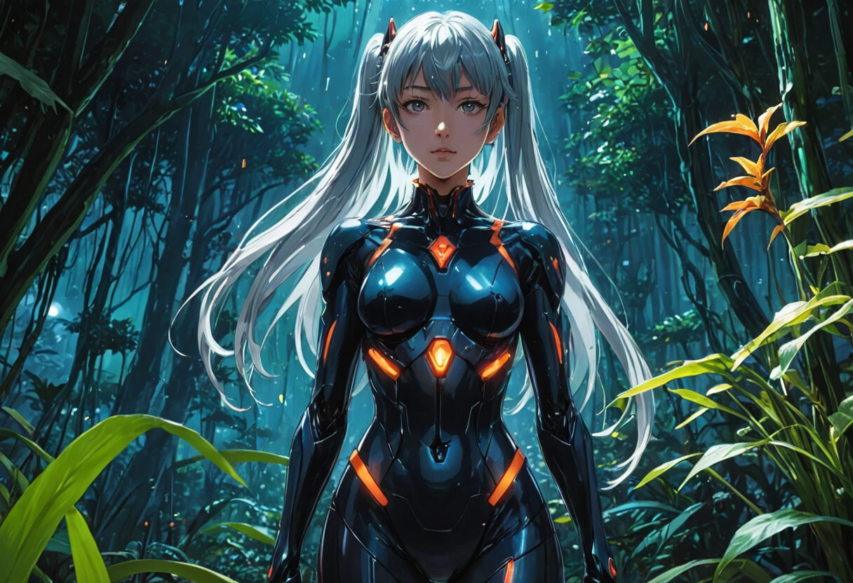 anime style, 1girl, blunt bangs, high ponytail, silver hair, pointy ears, in the depths of a bioluminescent alien jungle, [evangelion:cyberpunk edgerunners:0.5], reflective transparent iridescent opaque clothing, long sleeves, flowing dress, long skirt, very aesthetic, highres, 4k, 8k, intricate detail, cinematic lighting, amazing quality, amazing shading, detailed Illustration, official artwork, wallpaper, official art, extremely detailed eyes and face, beautiful detailed eyes, from below, full body, thigh gap, <lora:aesthetic_anime_v1s:1>