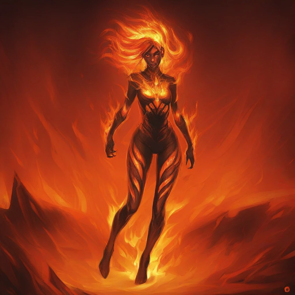 best quality, masterpiece, 1girl, FireelementalIL, fire(theme), FireelementalIL.V1-female, fire, flame, fire hair,