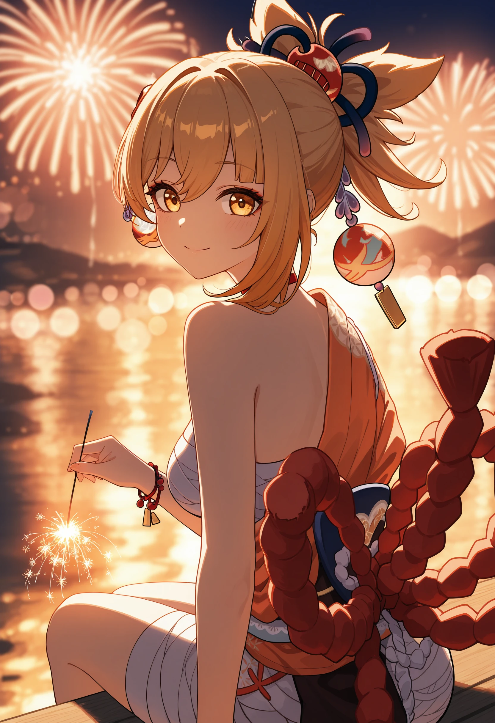 masterpiece, best quality, absurdres, safe
1girl, yoimiya \(genshin impact\), holding fireworks, sparkler, night, from behind, from side, looking back, backlighting, aerial fireworks, bokeh, smile, sitting
<lora:senkou_hanabi_il_d16:1>