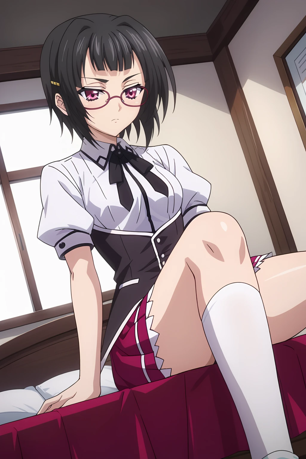 score_9, score_8_up, score_7_up, source anime, prefect lighting, very aesthetic, BREAK, anime screencap, anime coloring, sona-dxd, dxd-uniform, 1girl, glasses, black hair, short hair, skirt, school uniform, pink eyes, magenta eyes, intelligent eyes, white socks, small breasts, indoors, bedroom, sitting on bed, from below, dutch angle,hairclip