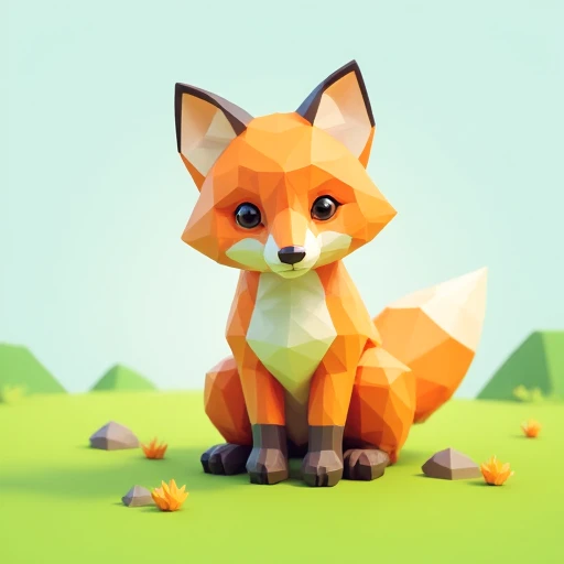 A playful low-poly fox sitting in a grassy field, its body composed of sharp triangles and polygons. Bright orange fur with white and black accents, minimalistic yet expressive eyes, and a geometric bushy tail. The field has a few low-poly flowers and small rocks scattered around