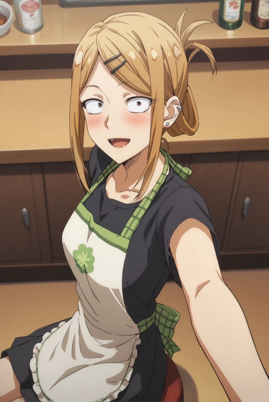 score_9, score_8_up, score_7_up, 1girl, endou saya, long hair, blonde hair, hair ornament, folded ponytail, sidelocks, jewelry, brown eyes, earrings, multicolored apron, pattern apron, black shirt, hairclip, ear piercing, sanpaku, arms behind back, smile, open mouth, skirt, sitting, from side, outstretched arms, selfie, blush, from above, looking at viewer, indoors, bar, Dagashi Kashi artstyle