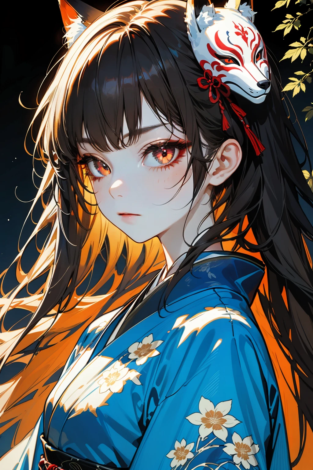 hezi,brilliant color,brush texture,beauty,(masterpiece),(best quality),highly detailed,1girl,bangs,blunt bangs,brown eyes,brown hair,closed mouth,expressionless,floral print,fox mask,from side,hair ribbon,japanese clothes,kimono,long hair,mask,mask on head,portrait,print kimono,profile,red eyes,ribbon,solo,upper body,shrine,night,outdoors,bright pupils,(fine hair texture:1.38),(shiny hair:1.18),<lora:çº¯å½©ç»ä¸½è´¨æ-000016:0.65>,