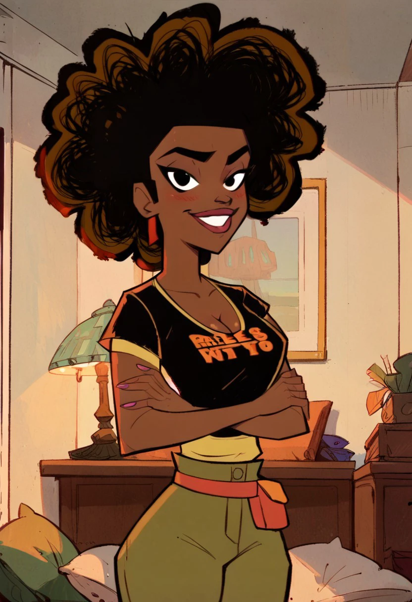 Score_9_up, score_8_up, score_7_up, score_6_up, BREAK, Expressiveh, highly detailed, cartoon, 1girl, solo, adrialafmg, dark-skinned female, black hair, afro, black shirt, yellow undershirt, green pants, belt, big perky breasts, cleavage, arms crossed, looking at viewer, smirk, blushing, earrings, bedroom, detailed scenery