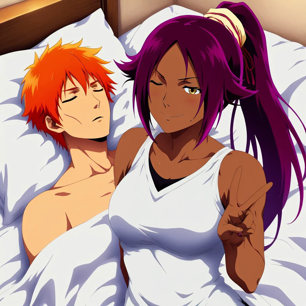 PaintedComicStyleIL.V-2.0, Masterpiece, best quality, anime, anime style, GuyTiredAfterShrex-IL 1girl, Yoruichi, dark-skinned female, purple hair, ponytail, standing, peace sign, BREAK 1boy, orange hair, Ichigo Kurosaki, tired, lying, lying on bed, closed eyes,