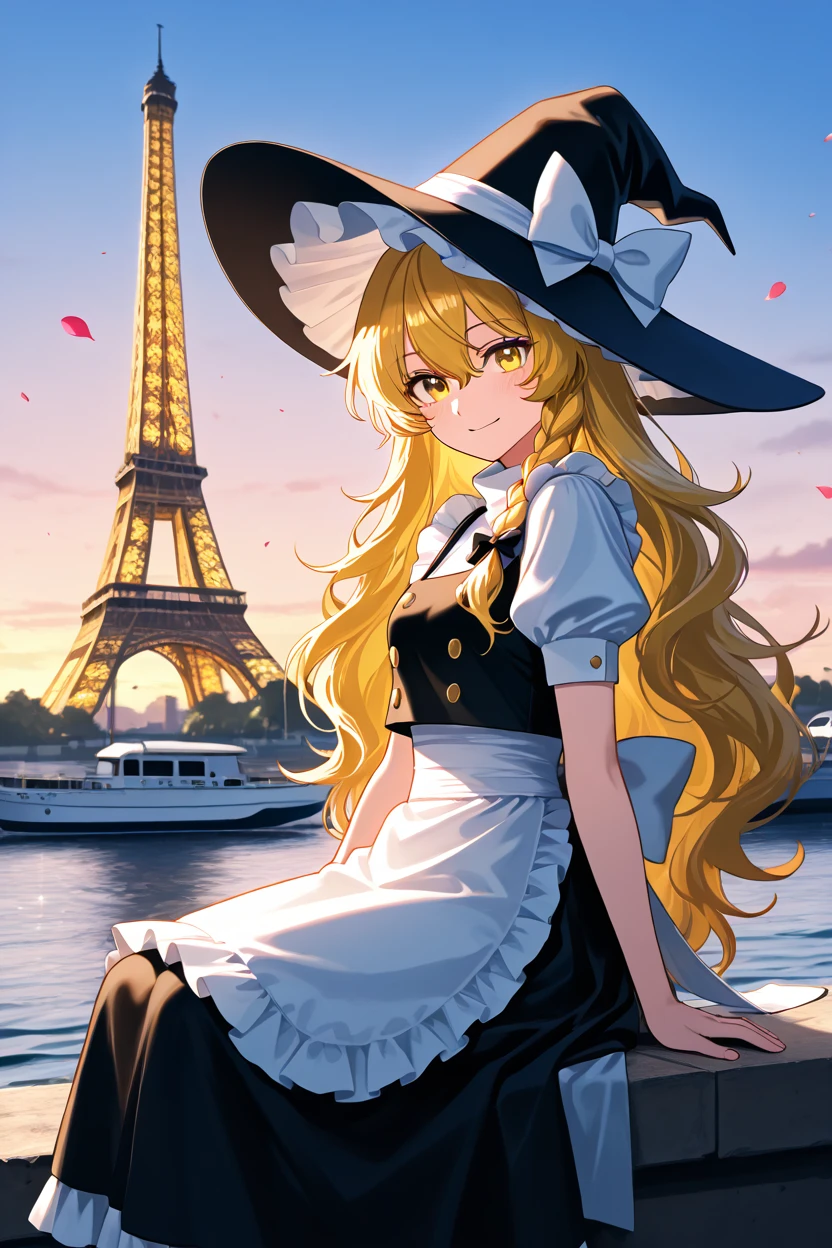 masterpiece, best quality, 1girl, solo, 21 year old model, eyelashes, (beautiful eyes), <lora:KirisameMarisaTouhouIXL:1.0>, zzMarisa, yellow eyes, hair between eyes, blonde hair, hair bow, long hair, very long hair, single braid, bow, braid,  hat, witch hat, waist apron, short sleeves, black headwear, puffy sleeves, puffy short sleeves, hat bow, apron ,,, zzEiffelTower in background, sitting, watercraft, boat, sitting on wall, side view, looking at viewer, smile,,, blooming stars, luminescent petals, otherworldly fragrance blurry background, <lora:EiffelTowerIXL_v2:1.0>,