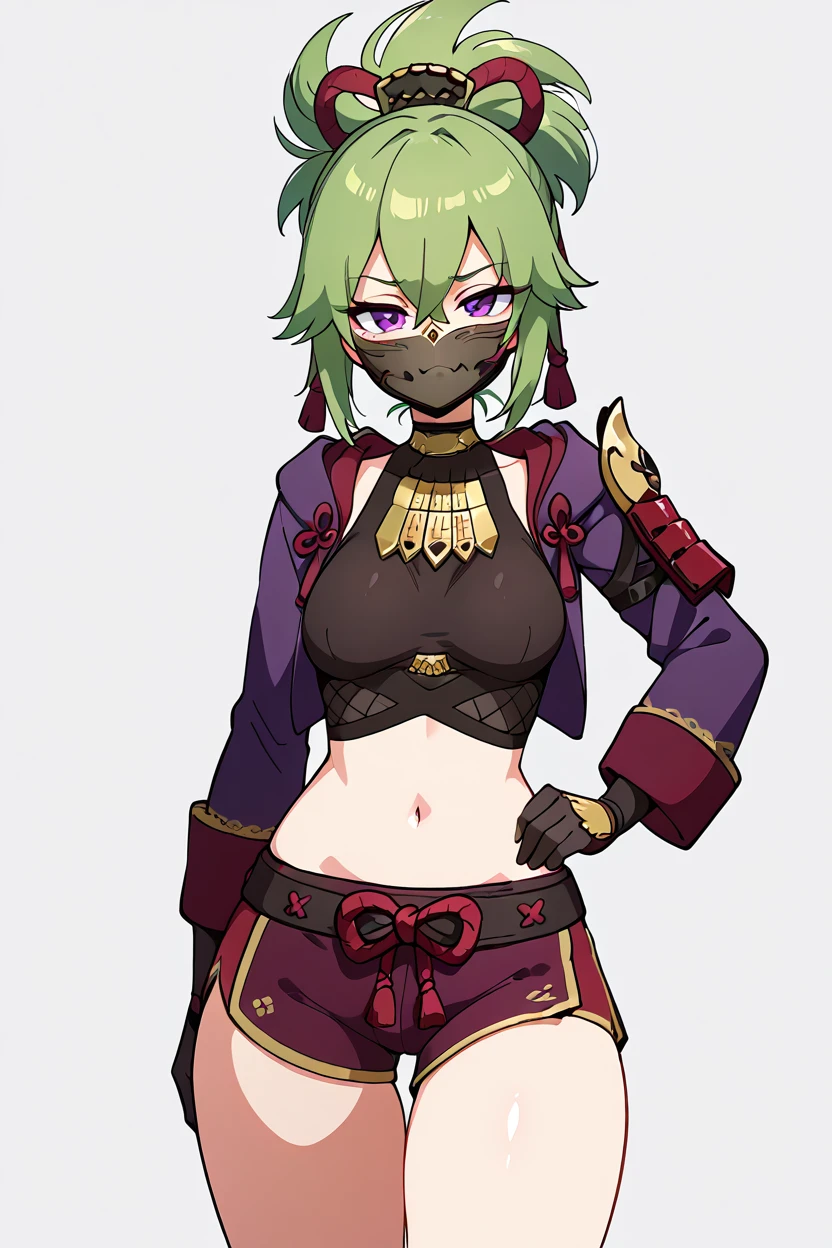 masterpiece, best quality, solo, curvy, beautiful eyes,,<lora:KukishinobuGenshinIXL:1.0>, zzKuki, purple eyes, green hair, hair ornament, ponytail, hair between eyes, mask, mouth mask, rope, jacket, purple jacket, crop top, navel, gloves, midriff, cowboy shot, hand on hip, smug, smile, looking at viewer, shiny skin,<lora:DiivesIXL:1.0>,