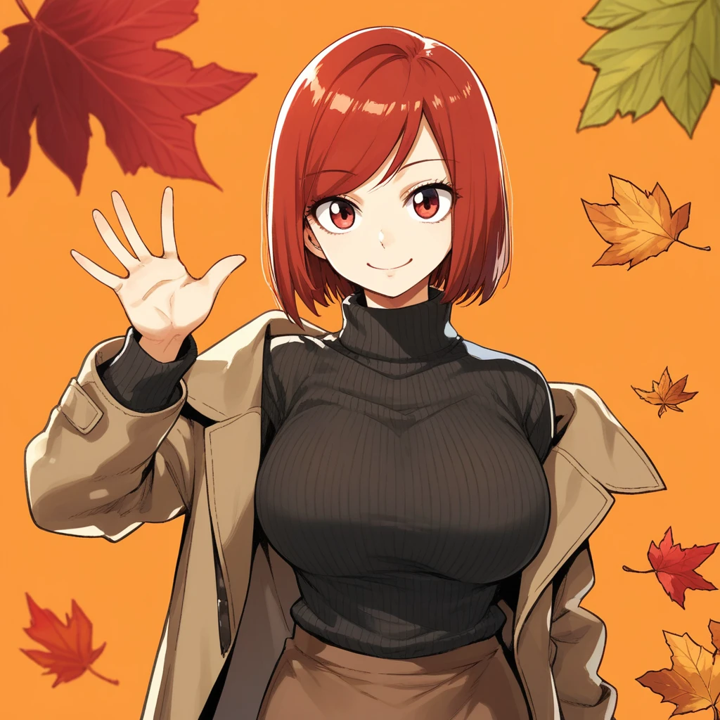 HiroMashima, score_9, score_8_up, score_7_up, 1girl, autumn, autumn leaves, black sweater, bob cut, breasts, brown coat, brown skirt, closed mouth, coat, large breasts, leaf, leaf background, long sleeves, looking at viewer, medium hair, off shoulder, orange background, red eyes, red hair, ribbed sweater, skirt, smile, solo, sweater, swept bangs, turtleneck, turtleneck sweater, upper body, waving