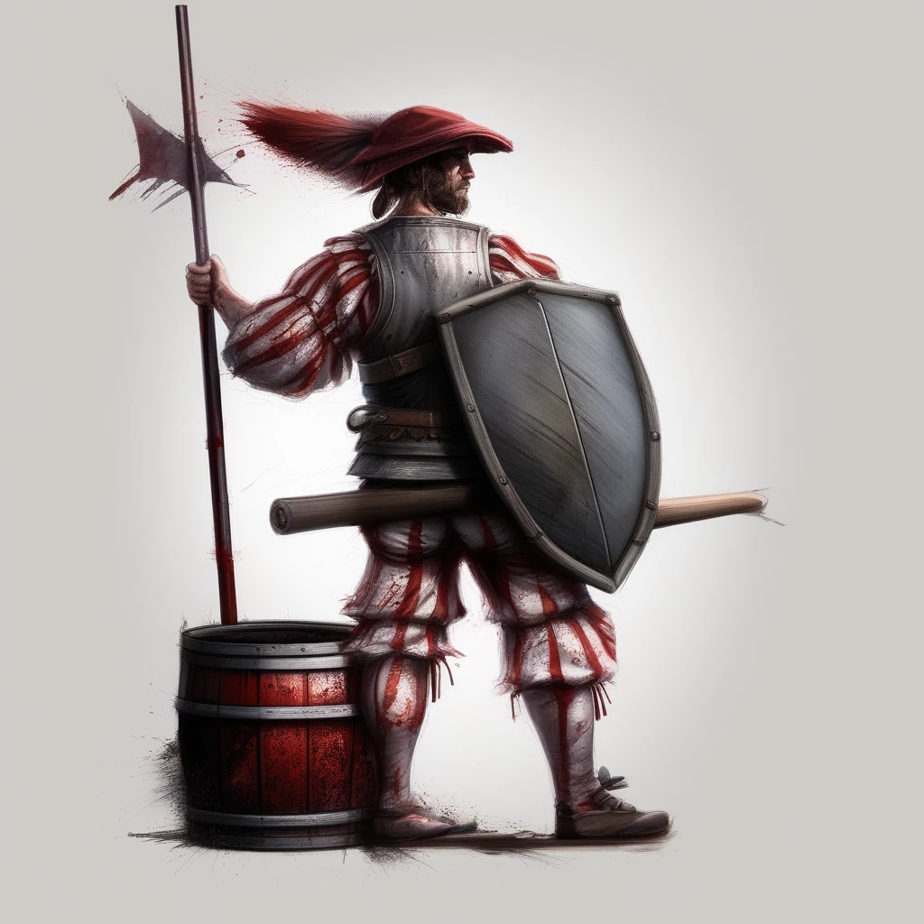 rifle, barrel, bag, simple background, blood, striped pants, holding polearm, blurry, shield