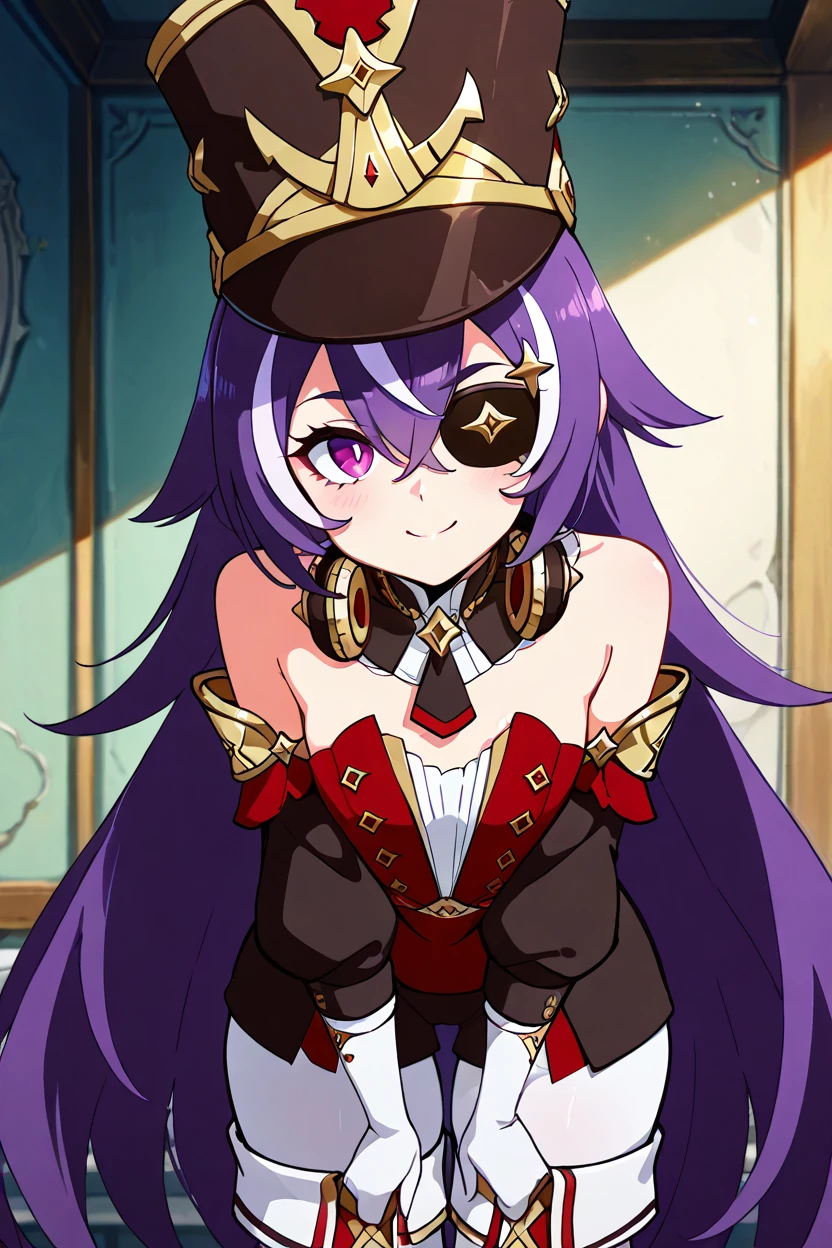 masterpiece, best quality, solo, curvy, beautiful eyes,,<lora:ChevreuseGenshinIXL:1.0>, zzChevreuse, purple eyes, hair between eyes, long hair, multicolored hair, purple hair, streaked hair, white hair, hat, earmuffs, eyepatch, bare shoulders, gold trim, white gloves, gloves, puffy detached sleeves, detached collar, pantyhose, white thigh boots, , cowboy shot, leaning forward, smile, looking at viewer, shiny skin,<lora:DiivesIXL:1.0>,