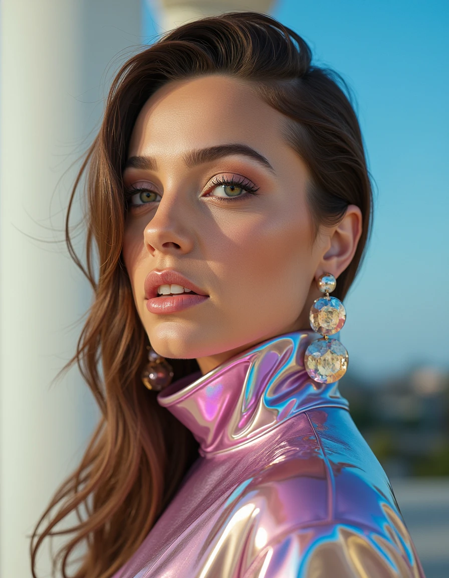 The reflective surfaces of her earrings and outfit create a dynamic interplay with the environment, emphasizing her sleek presence. The minimalist background allows the viewer to focus on her eye-catching fashion and makeup. Captured with a Sony A7R IV camera and a 50mm f/1.2 G Master lens for a beauty editorial shoot, this composition highlights her fashion-forward aesthetic. Inspired by avant-garde fashion photography from Sølve Sundsbø, this image blends contemporary fashion and minimalist elegance, embodying mythp0rt and niji_flux styles for a sleek, high-fashion vision. ((glow_skin, iridescent skin, oily skin, portrait))