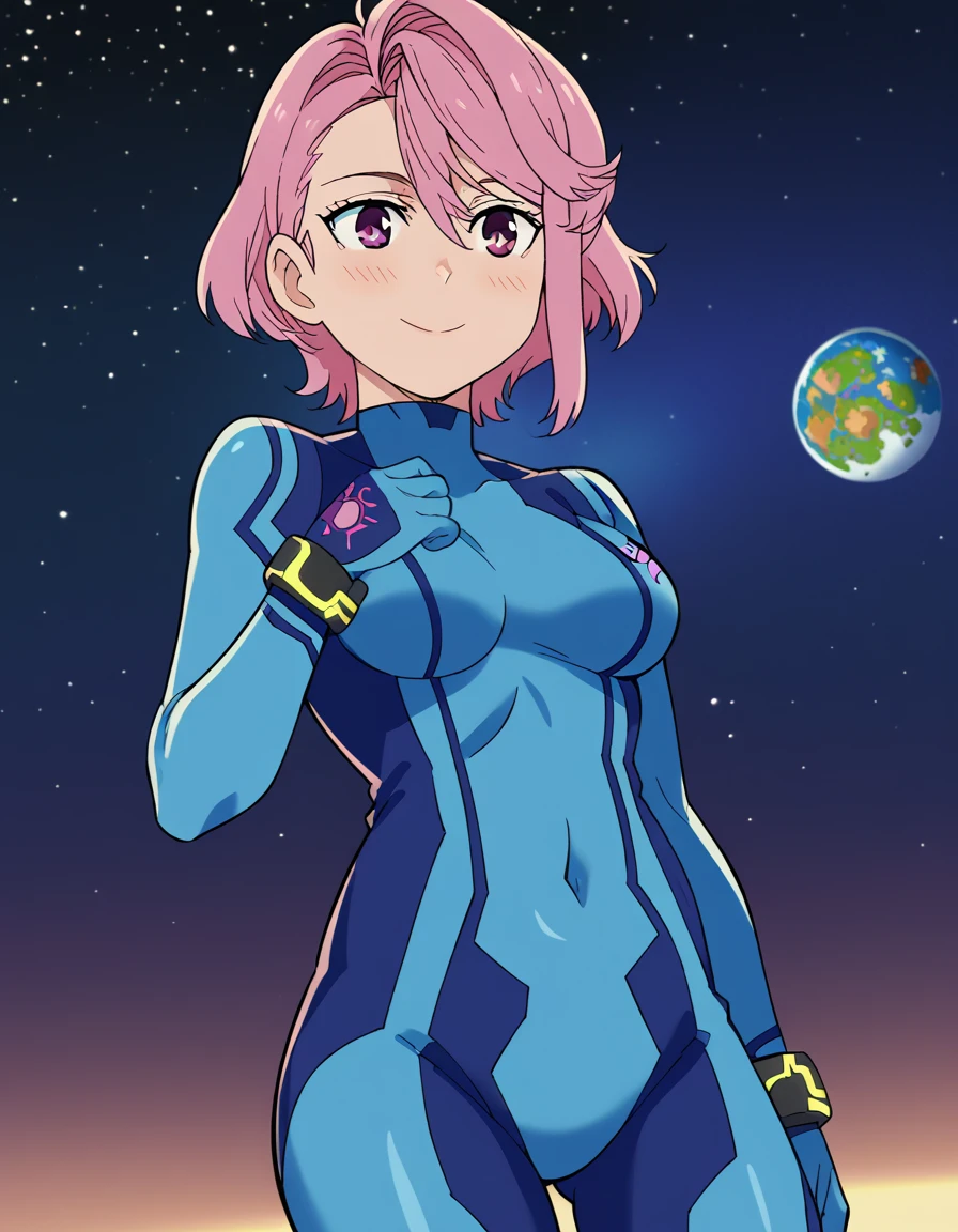 score_9, score_8_up, score_7_up, source_anime, <lora:aira-shiratori-s1-ponyxl-lora-nochekaiser:1>, aira shiratori, short hair, bangs, hair between eyes, pink hair, pink eyes, medium breasts, anime screencap,, <lora:samus-aran-cosplay-ponyxl-lora-nochekaiser:1>, samusarancosplay, samus aran (cosplay), blue bodysuit, bodysuit, covered navel, skin tight, zero suit,, space, planet, earth (planet), star (sky), galaxy, nebula, moon, blush, smile, , dutch angle, cowboy shot