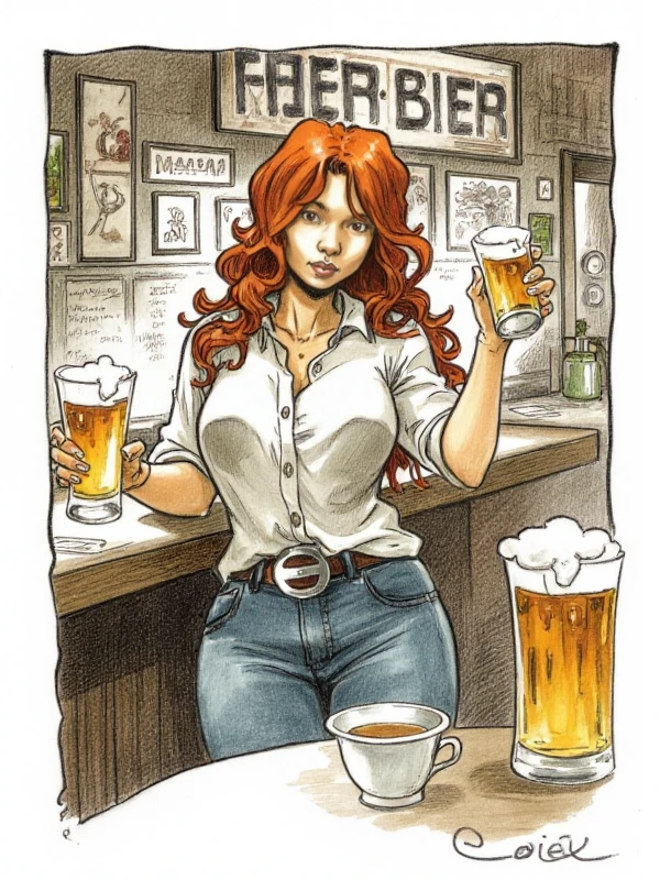 <lora:Loisel Style:0.9> loisel style, drawing, a woman holding a beer in a pub. She wears a buttondwon shirt and jeans