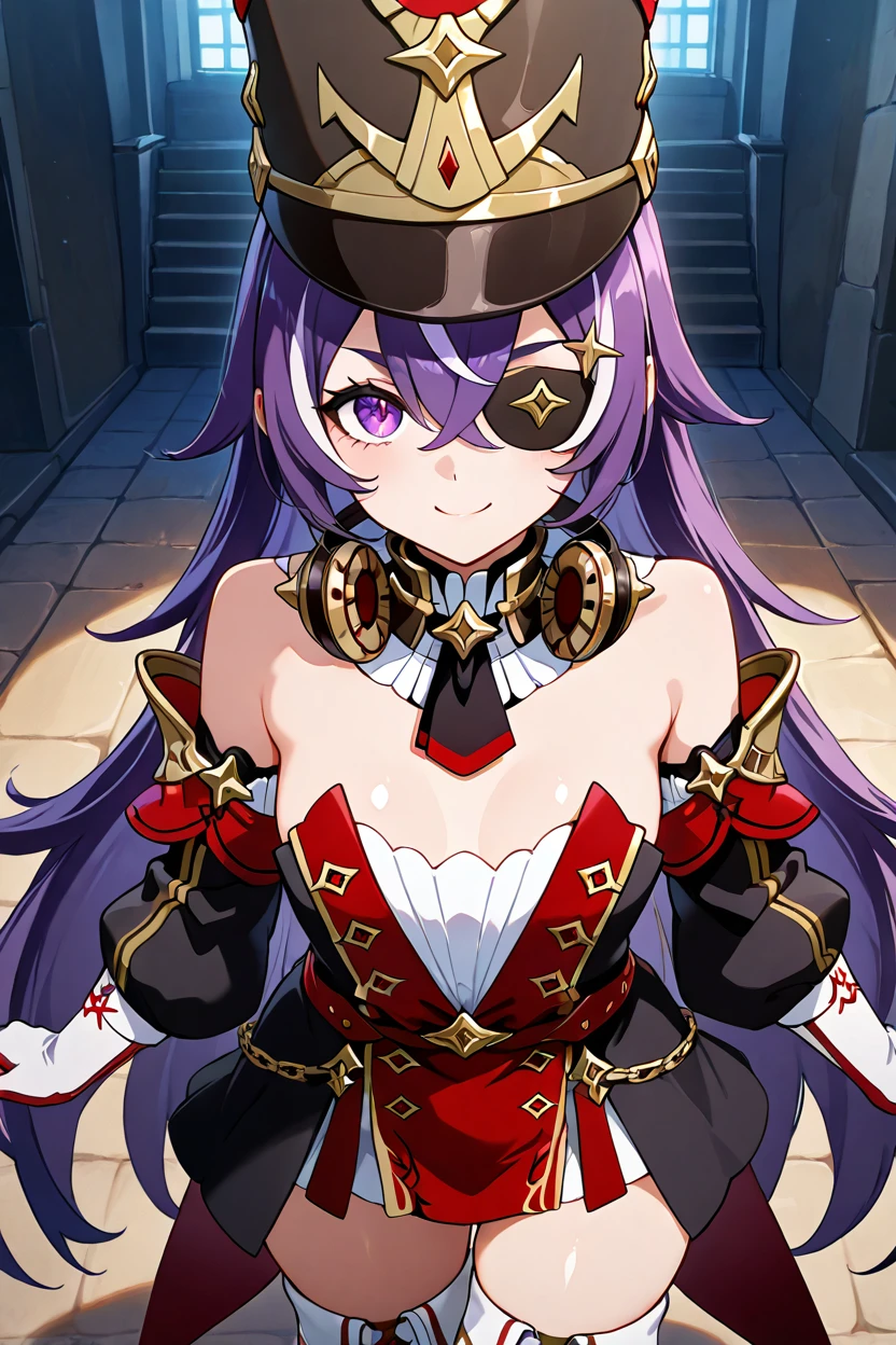 masterpiece, best quality, solo, curvy, beautiful eyes,,<lora:ChevreuseGenshinIXL:1.0>, zzChevreuse, purple eyes, hair between eyes, long hair, multicolored hair, purple hair, streaked hair, white hair, hat, earmuffs, eyepatch, bare shoulders, gold trim, white gloves, gloves, puffy detached sleeves, detached collar, from above, dynamic pose, cowboy shot, smile, looking at viewer, shiny skin,