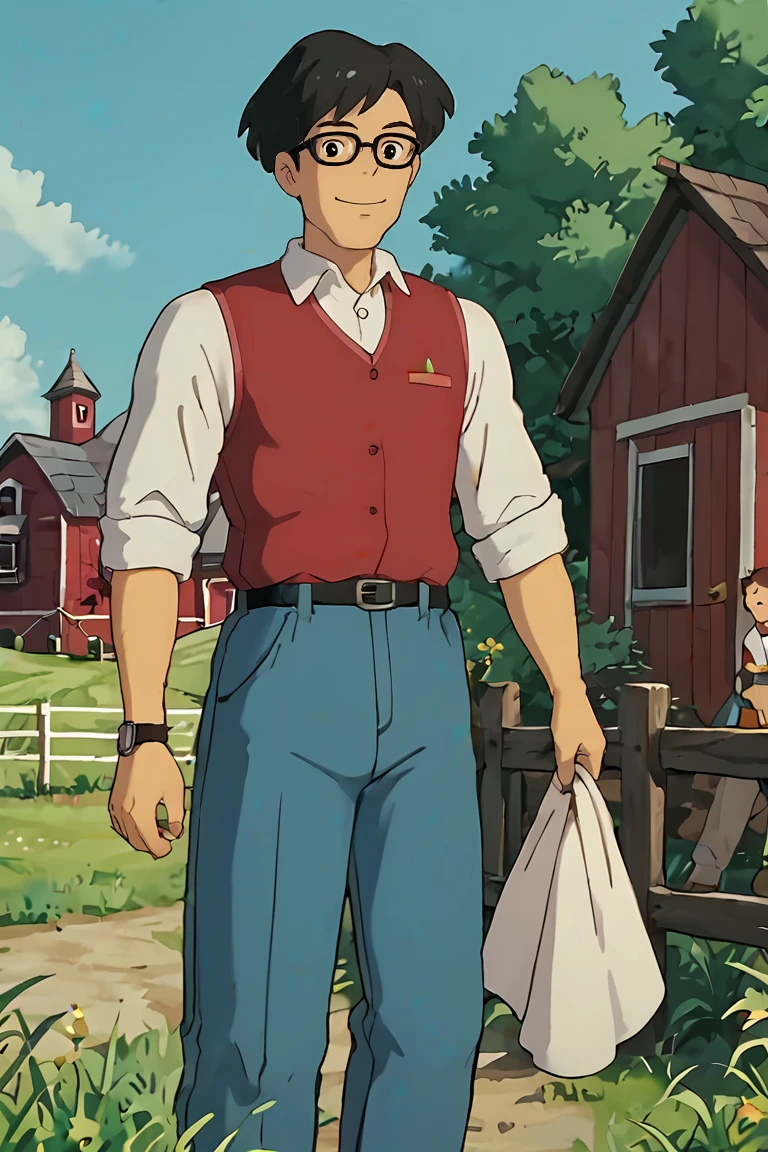 score_9, score_8_up, score_7_up, score_6_up, masterpiece, source_anime, 1boy, glasses, collared shirt, white shirt, red vest, cowboy shot, blue pants, belt, sleeves rolled up, wrist watch, standing, outdoors, farm, golden, afternoon, pant's towel, solo focus
BREAK tatsuokusakabe, black hair, black eyes, looking at viewer, smile