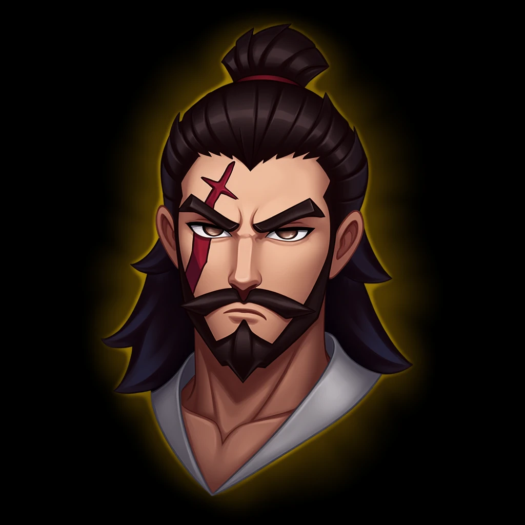 emotelol, 
focus face, chibby, Yasuo, with a stern expression, sharp features, piercing dark eyes, tan skin, and a prominent scar across his face. His hair is long, dark, and tied into a high ponytail, with a few loose strands framing his face. He exudes a calm yet intense demeanor, reflecting his stoic and disciplined personality.
, cartoon emote style, detailed, league of legends, stroke, outer glow, black background
