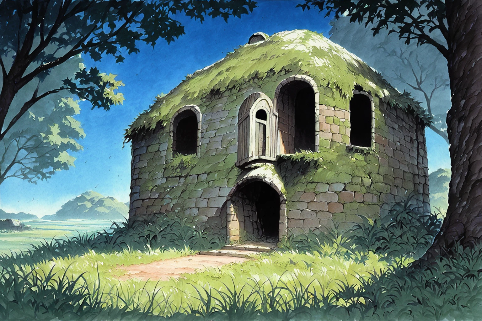 <lora:ghibli_landscapes:1>ghibli landscapes, scenery, outdoors, no humans, tree, grass, traditional media, blue sky, cottage, ruins covered in moss, , source_anime, score_9_up, score_7_up, score_8_up