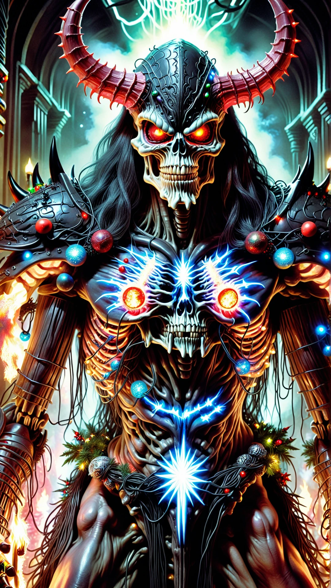 A video game graphic image of a ChristmasLightsStyle charred bloody fleshmetal cyborg daemonhost psychedelic flamer of tzeentch, by antonio j. manzanedo, giger, alex grey, android jones, wayne barlowe, philippe druillet, raymond swanland, cyril rolando, josephine wall, harumi hironaka, cronenburg, trending on artstation. Covered in black christmas lights, <lora:ChristmasLightsStyleSDXL:0.9>