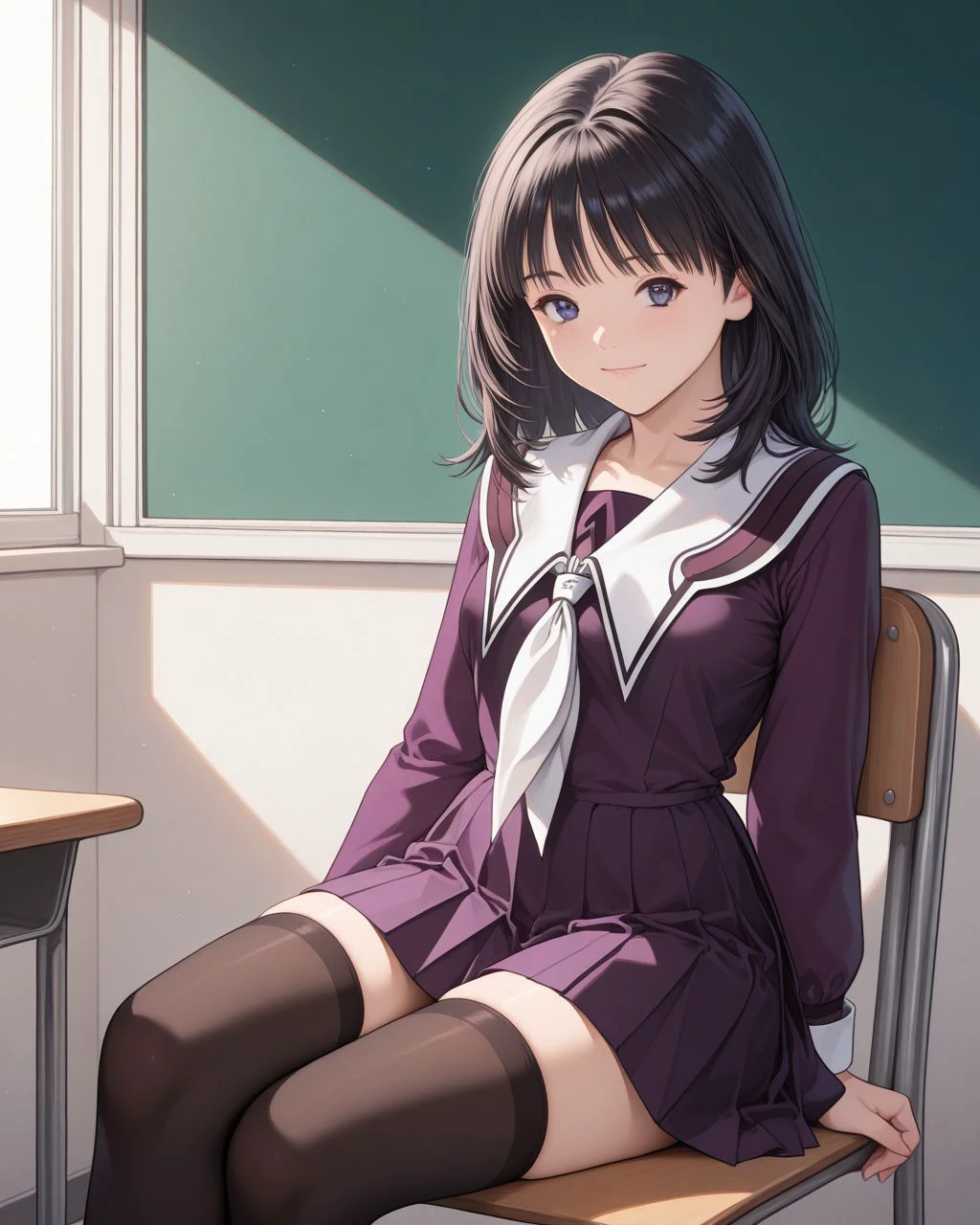 masterpiece, 1girl, black hair, medium hair, serafuku, pleated skirt, white neckerchief, thighhighs, purple sleeves,
classroom, sitting, school chair, light smile,  
 <lora:is_illustrious_v1-000020:0.8>