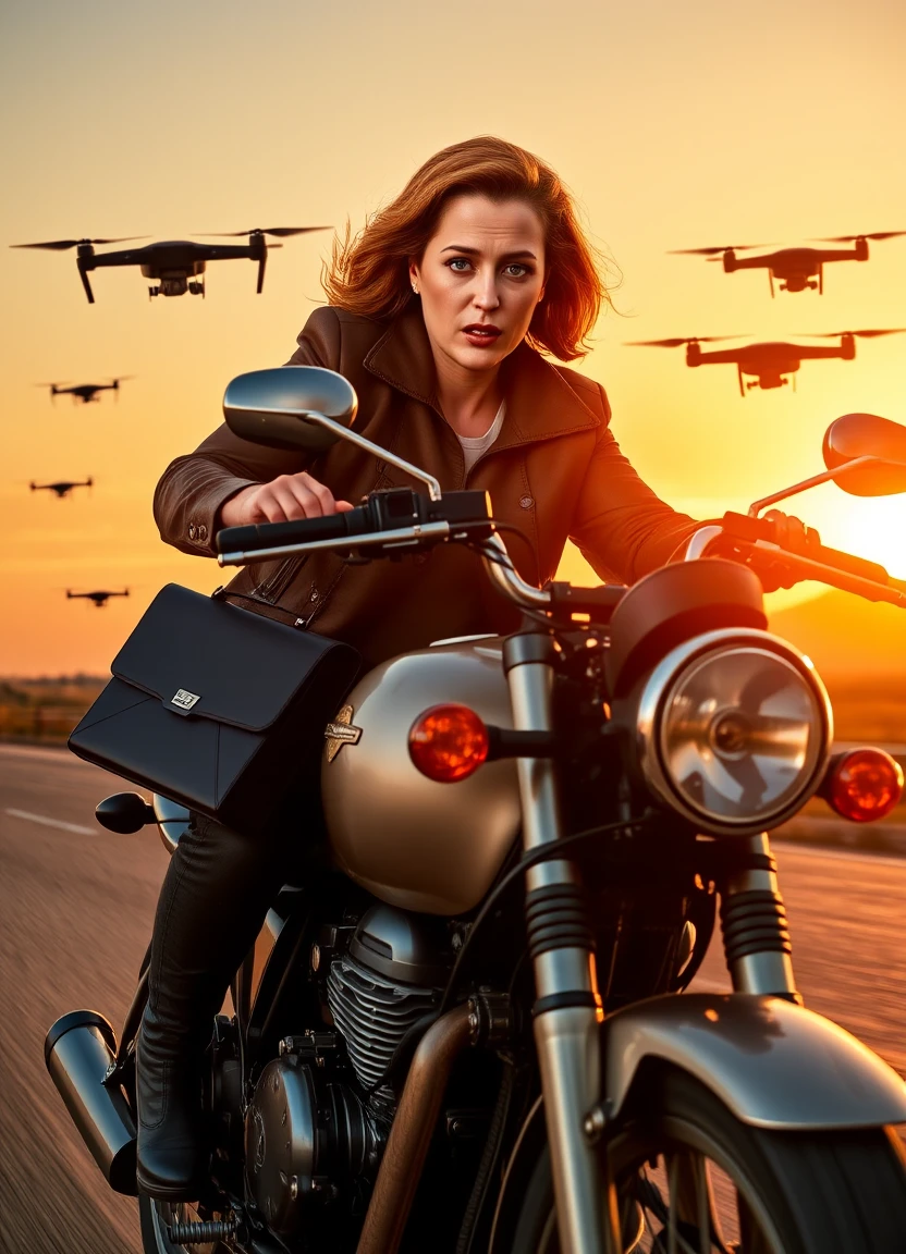 A determined agentscully in a battle-ready stance on a speeding motorcycle, a briefcase handcuffed to her wrist, and drones in pursuit against a sunset backdrop.