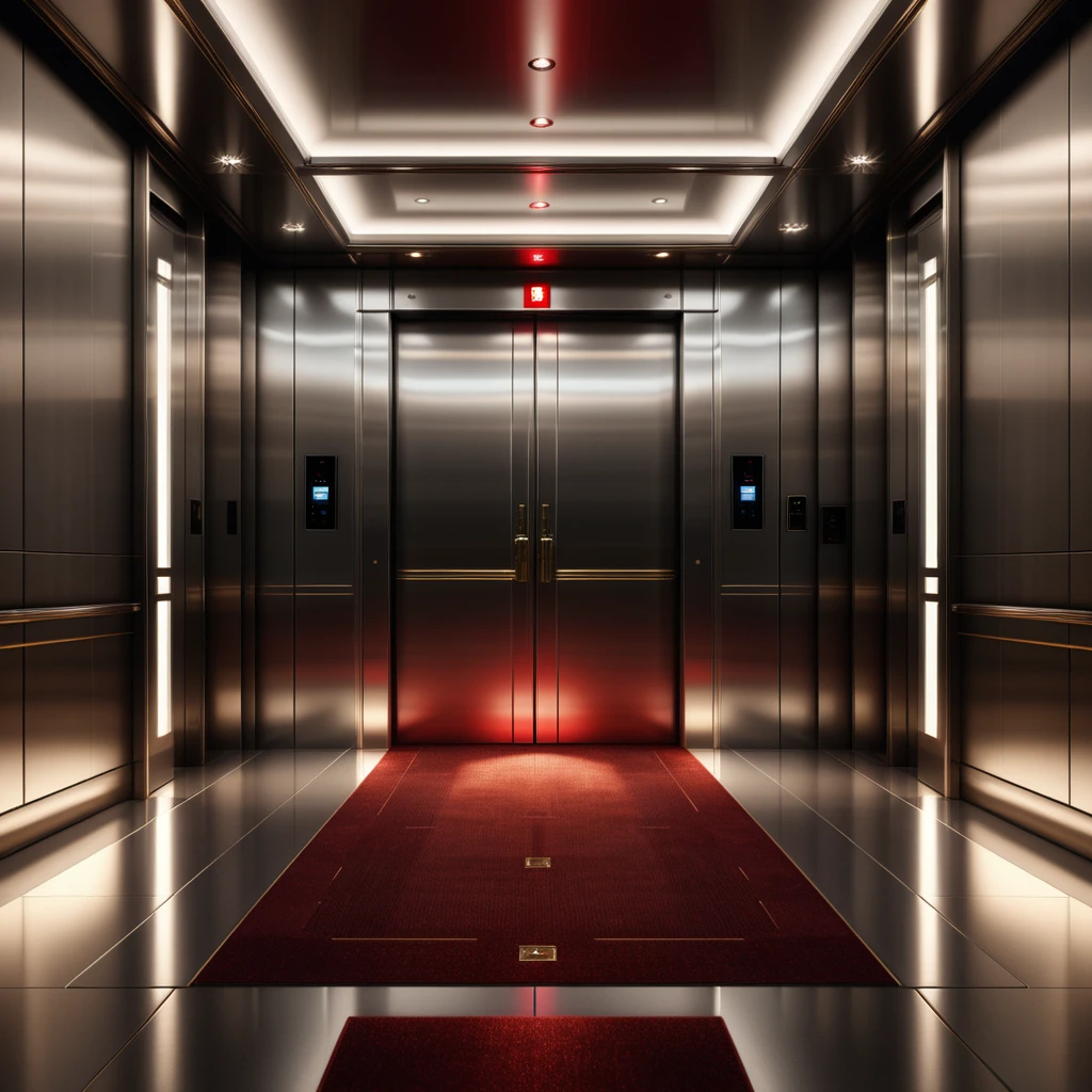 (Simple elevator interior:1.2), Symmetrical composition, Red carpet flooring, (Floor indicator above doors:1.3), Metallic control panel, Polished steel walls, Subtle reflections, (Soft dim lighting:1.2), Shadowed corners, Minimalist details, Subdued ambiance.
<lora:SDXLFaeTastic2400:0.4> <lora:extremely_detailed:0.4> extremely detailed, Masterpiece,best quality,hi res,8k,hi res,8k,award winning,(sharp focus, intricate, highly detailed),