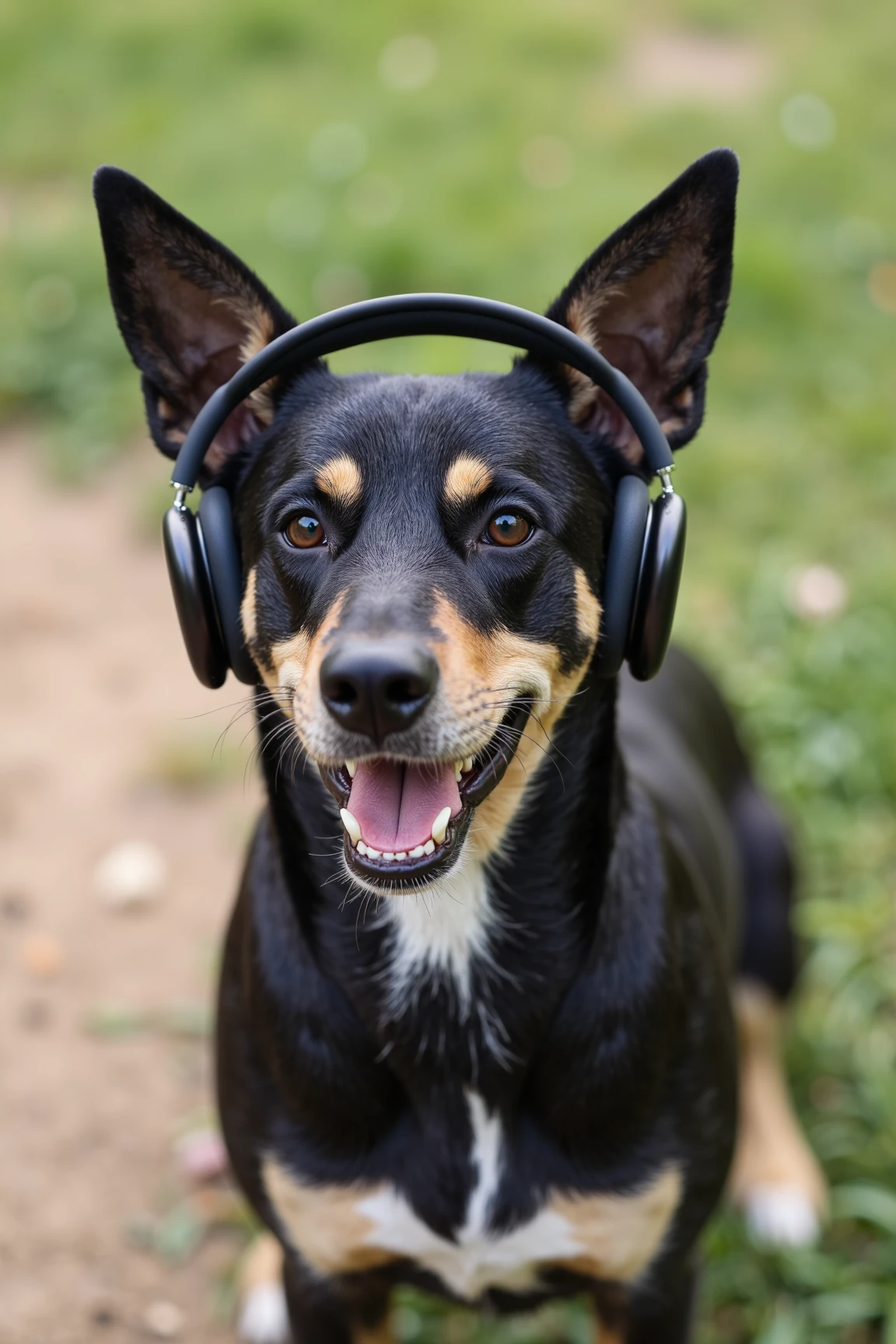 appleapm, a dog wearing a pair of wireless sleek, modern over-ear headphones. <lora:WirelessHeadphonesFlux:0.8>