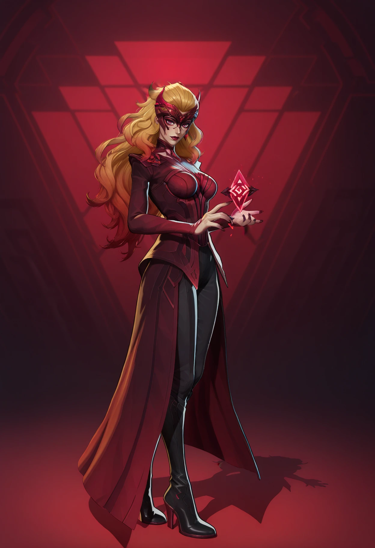 masterpiece, best quality, amazing quality, intricate detail, highly detailed, absurdres, very aesthetic, dynamic lighting, detailed background,
 <lora:MarvelRivals:1> r1vals,
1girl, solo, long hair, high heels, blonde hair, boots, high heel boots, mask, full body, multicolored hair, red hair, standing, makeup, looking at viewer, nail polish, holding, black footwear, fingernails