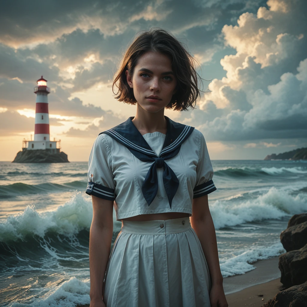 score_9, score_8_up, score_7_up, score_6_up, score_5_up, girl, short hair, facing viewer, looking at viewer, cowboy shot, sailor dress, outdoors, seaside, cloud, foaming waves, lighthouse, amusing composition, dramatic,