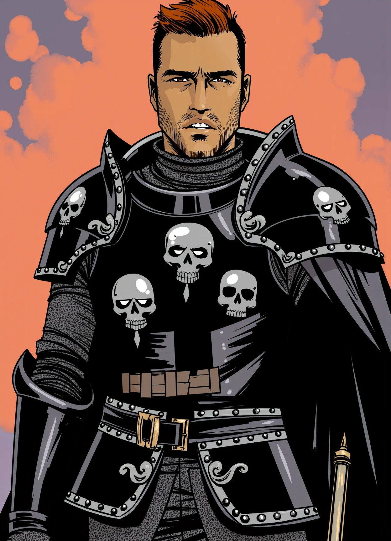 comic book illustration by Fiona Staples, evil knight with short auburn hair and beard, he wears black armor engraved with silver skulls