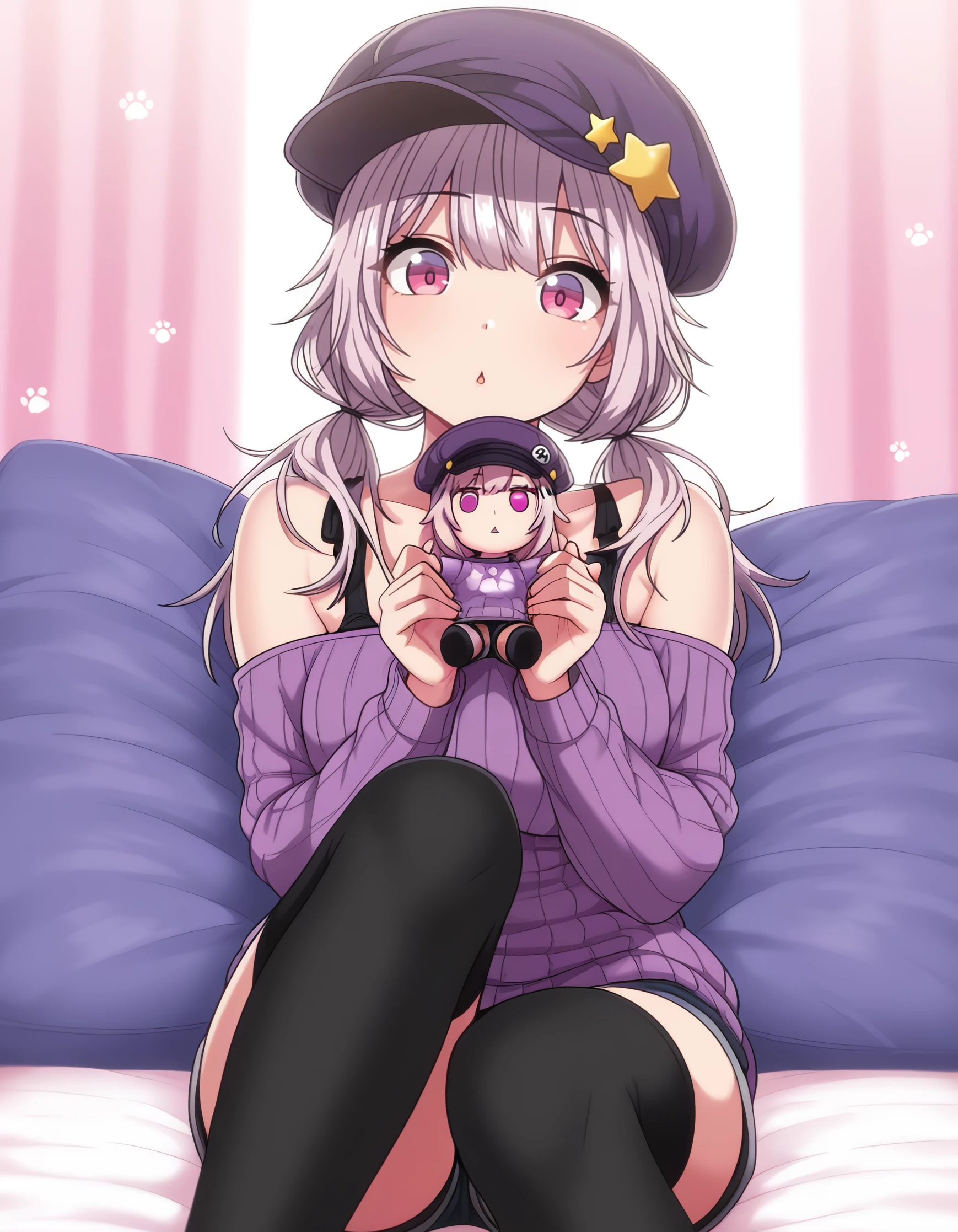 masterpiece, best quality, amazing quality, juri, long_hair, grey_hair, purple_eyes, pink_eyes, cabbie_hat, off-shoulder_sweater, bare_shoulders, long_sleeves, purple_sweater, bra_strap, shorts, black_thighhighs <lora:hatsukoi_jikan_-_juri_il:1>, by_maegjuw, character_name, twintails, looking_at_viewer, paw_print, solo, star_symbol, chestnut_mouth, parted_lips, low_twintails, hands_up, artist_name, 1girl, character_doll, sitting, Multicolored_stripes